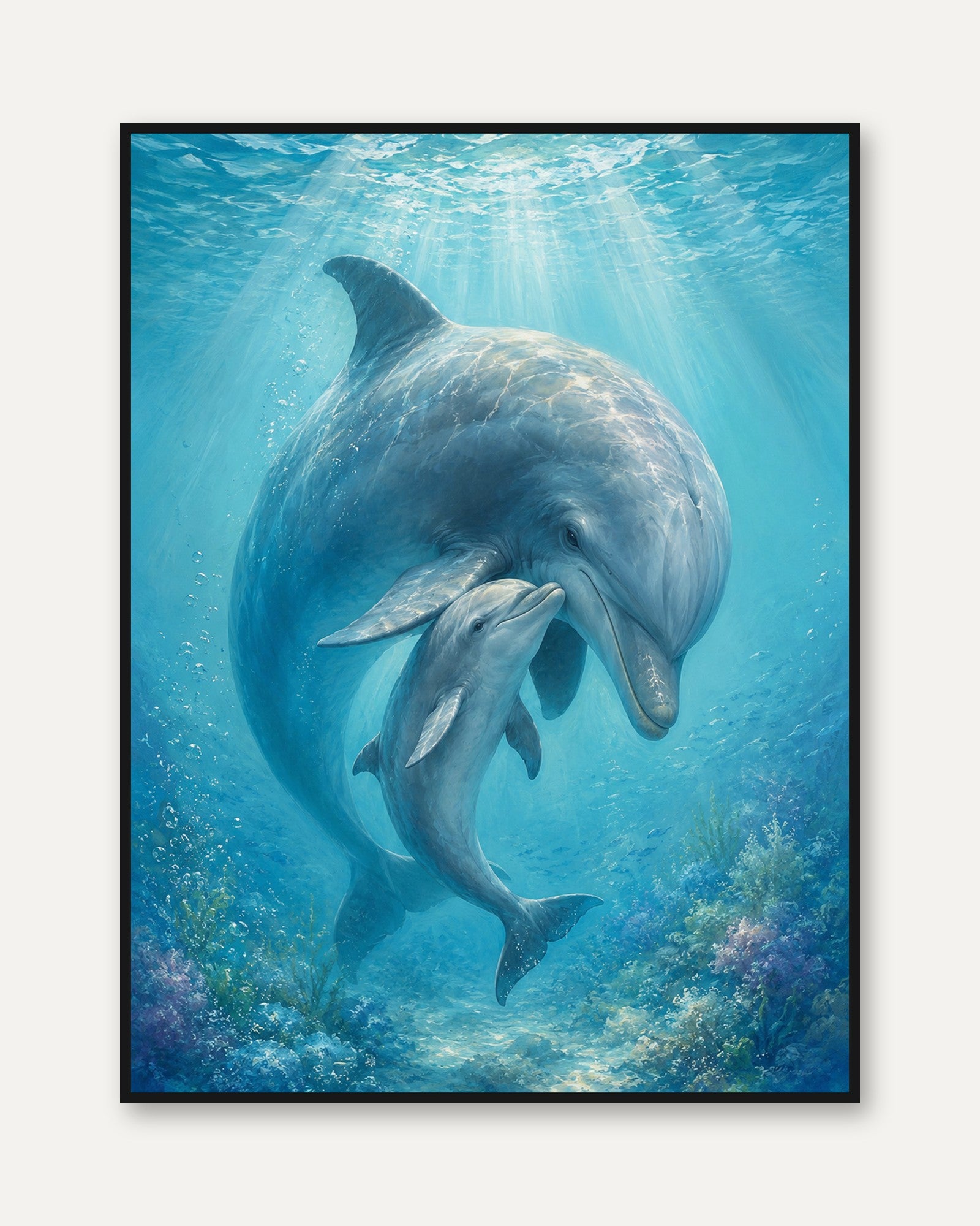 Dolphin Mother and Calf Art Print: Underwater Blue Ocean Scene - framed