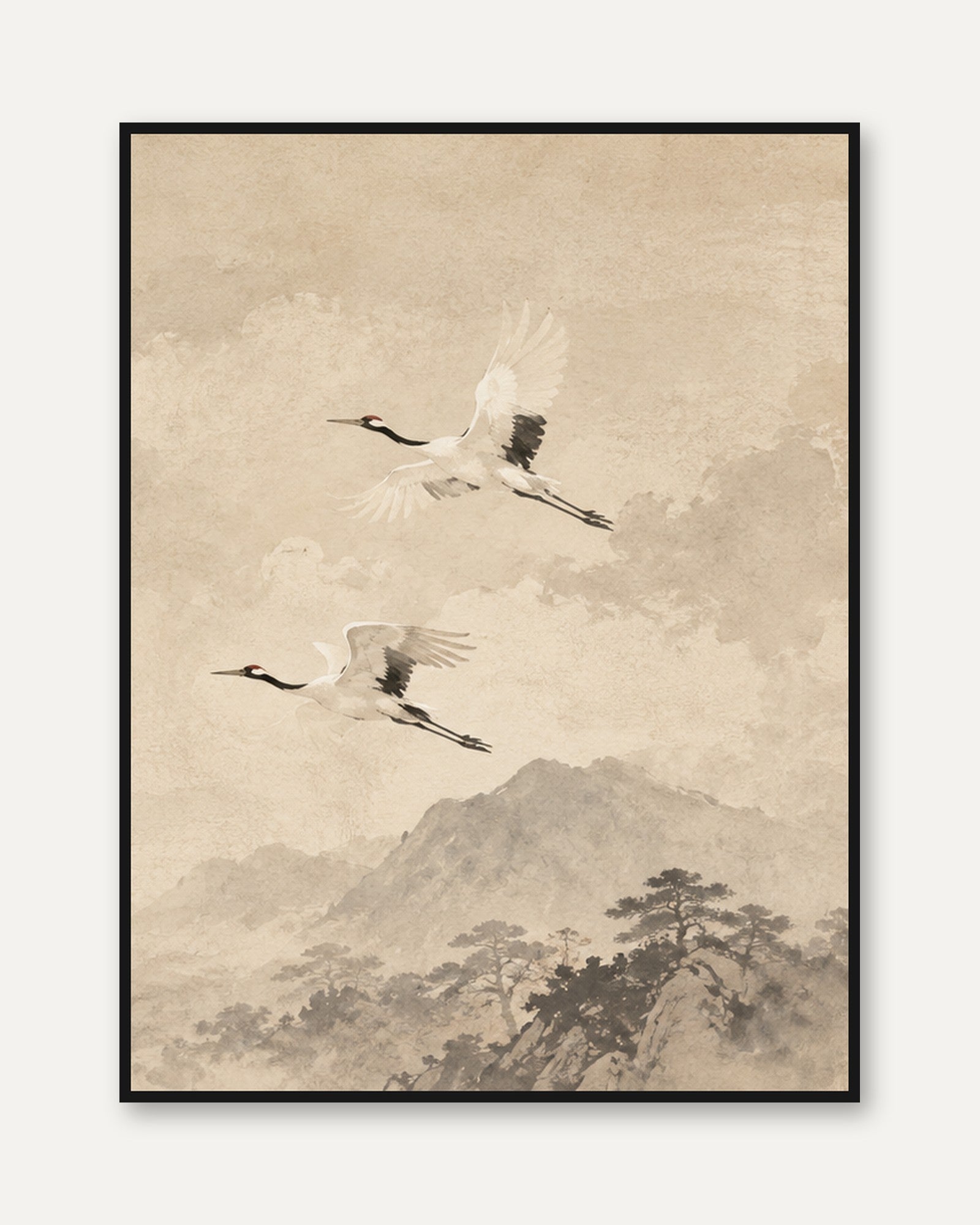Flying Cranes Art Print: Japanese Ink Wash Mountain Landscape - framed