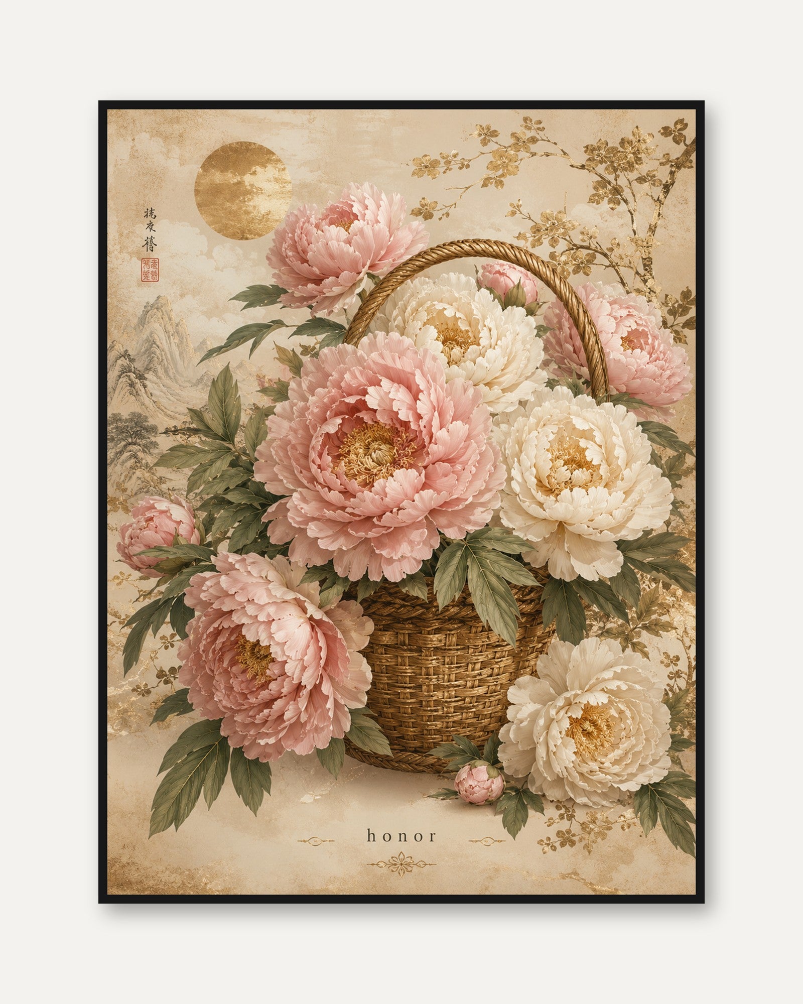 Peony Basket Wall Art – Asian Floral Print - framed