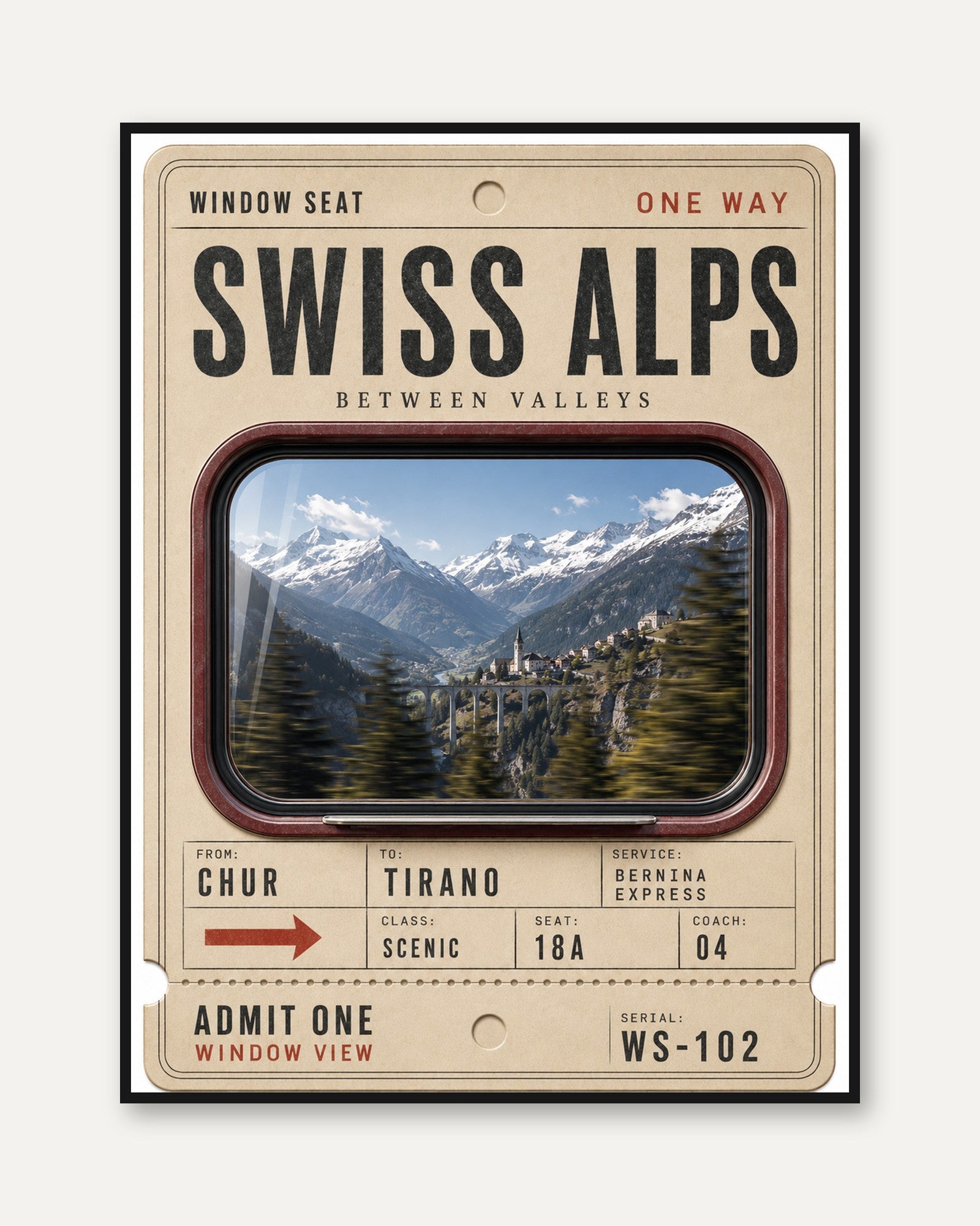 Swiss Alps Poster – Vintage Train Ticket Print - framed