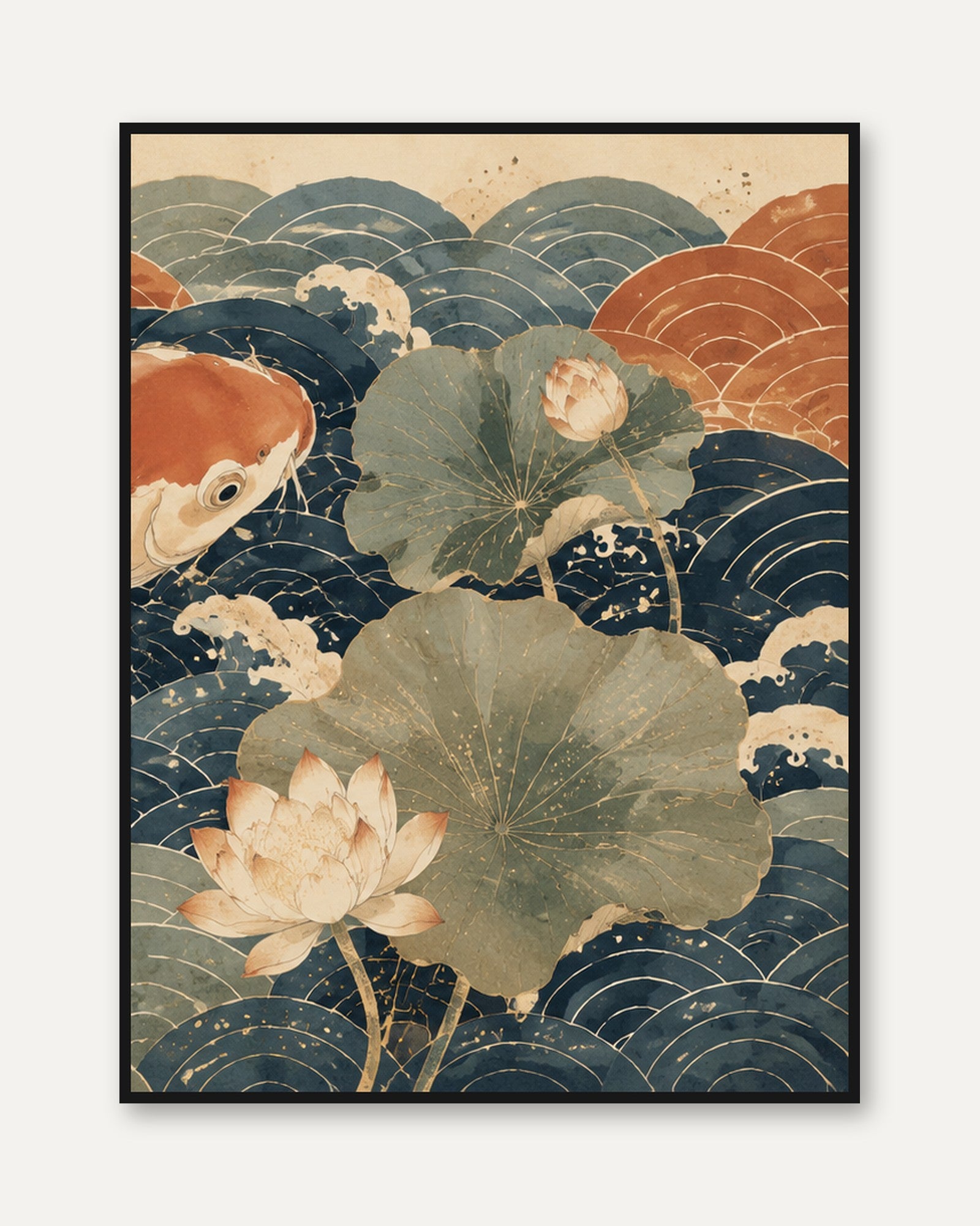 Koi And Lotus Wall Art: Japanese Wave Pattern With Navy Orange - framed