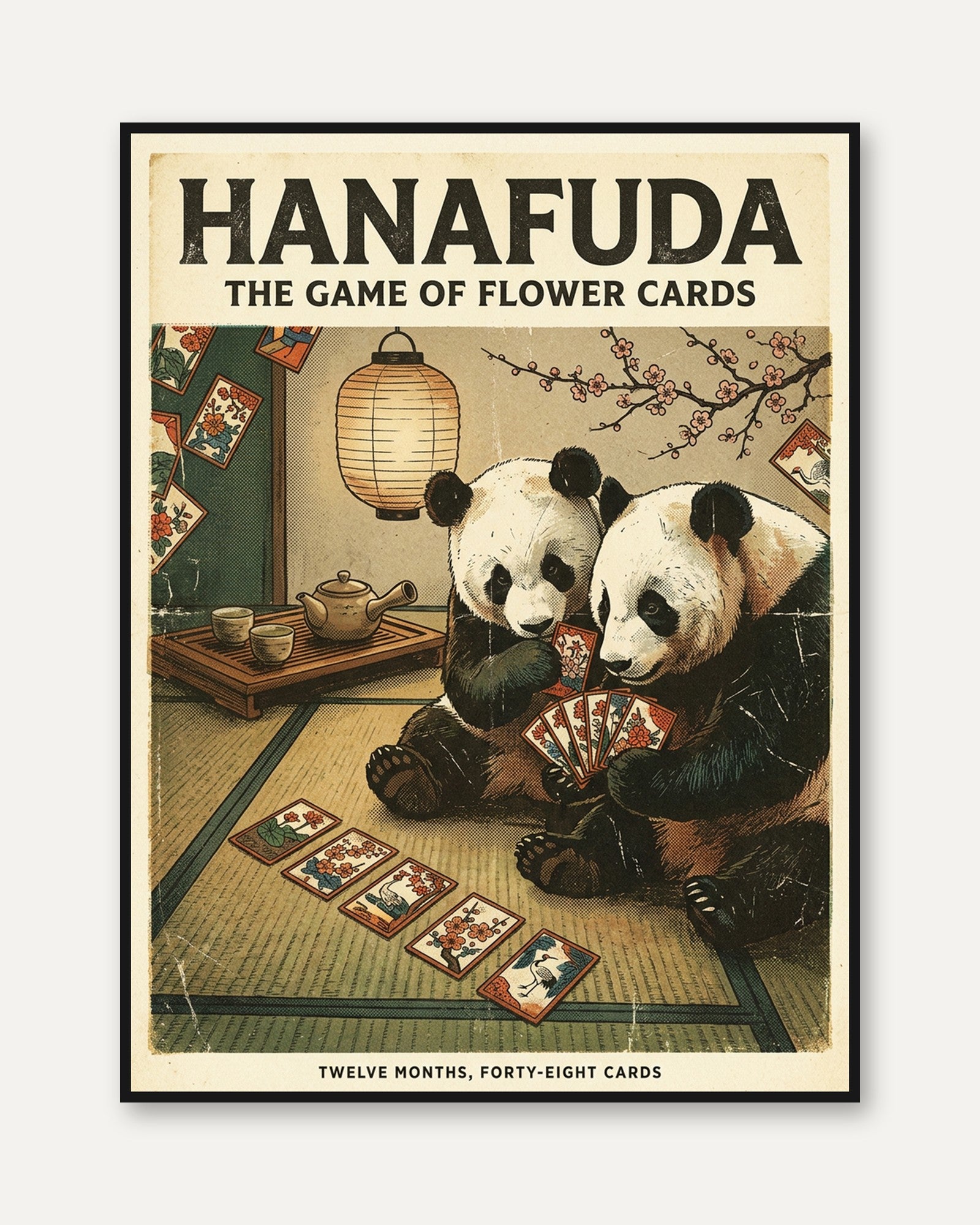 Hanafuda Pandas Print: Vintage Japanese Card Game Poster - framed
