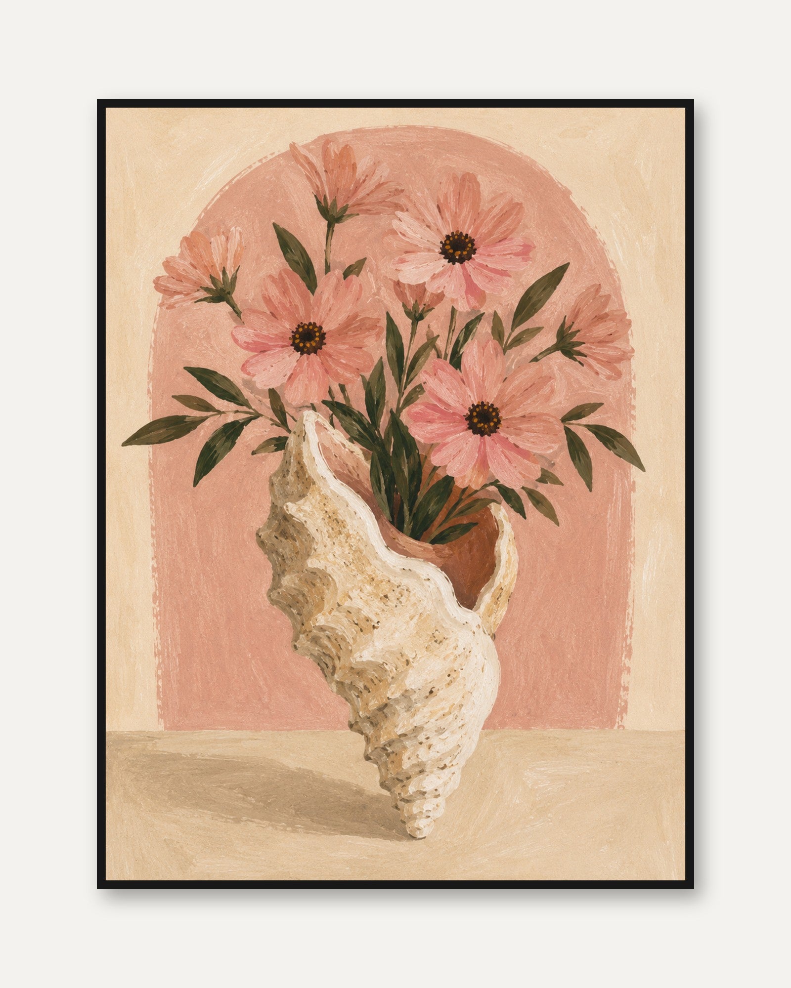 Seashell Vase Wall Art – Pink Floral Print - framed