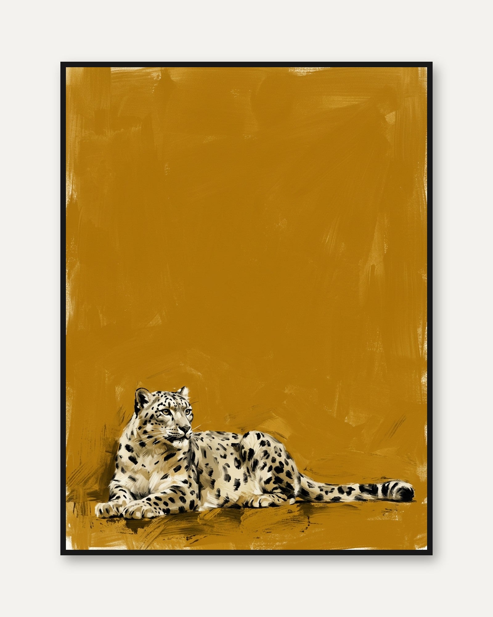 Snow Leopard Wall Art: Minimalist Wildlife on Golden Ochre - framed