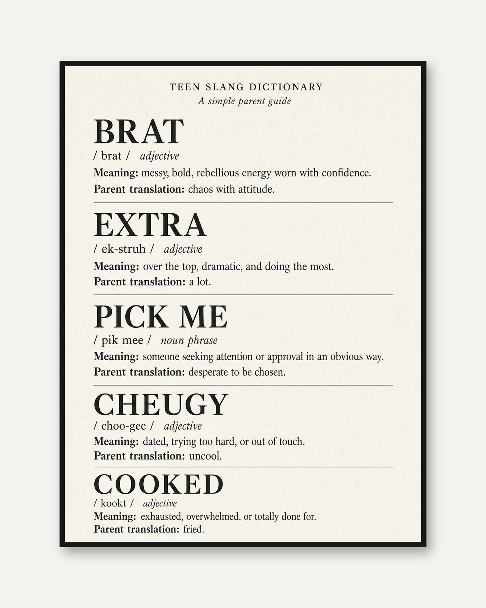 Teen Slang Dictionary Print - framed