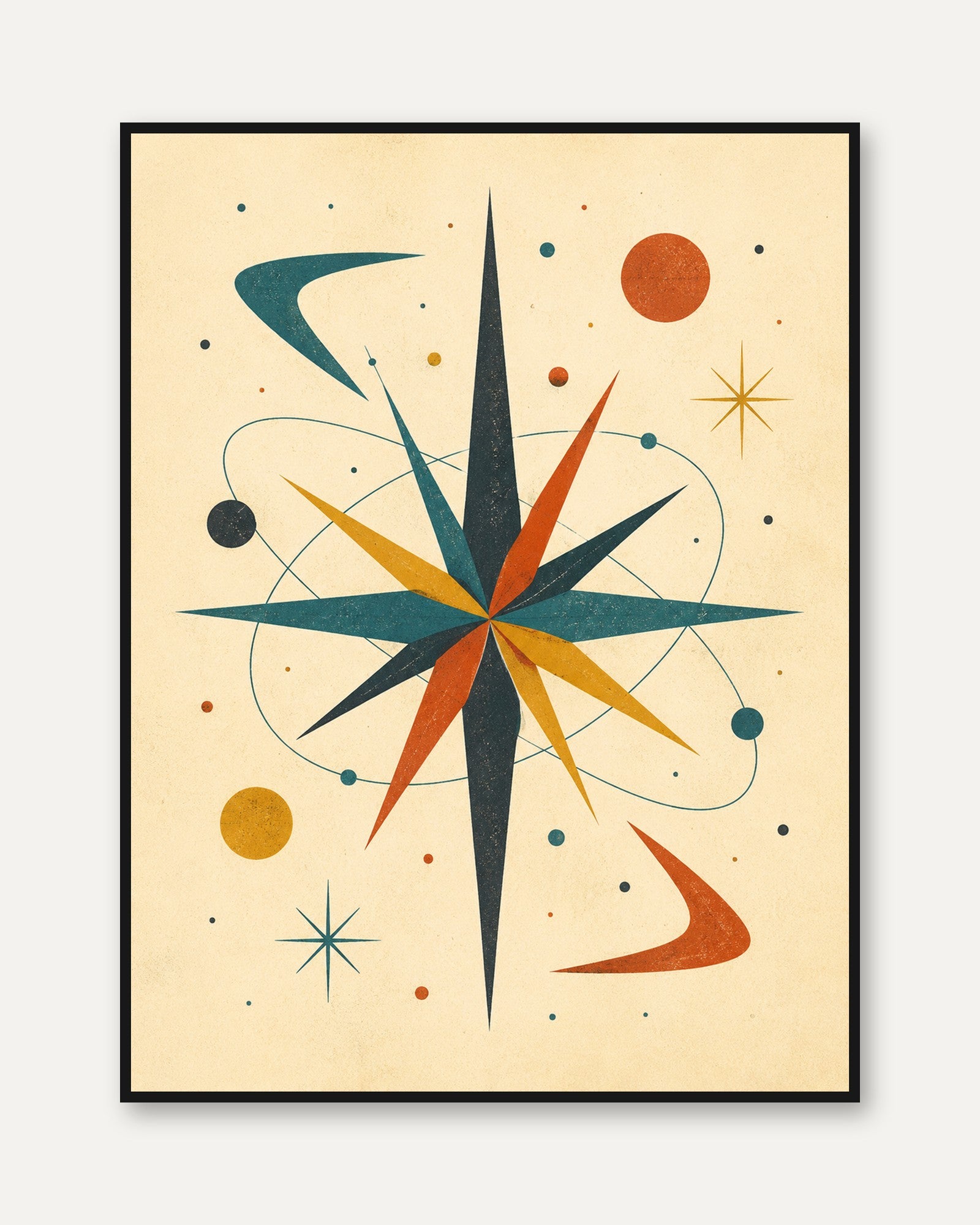 Mid-Century Modern Starburst Art Print: Atomic Age Geometric Design - framed