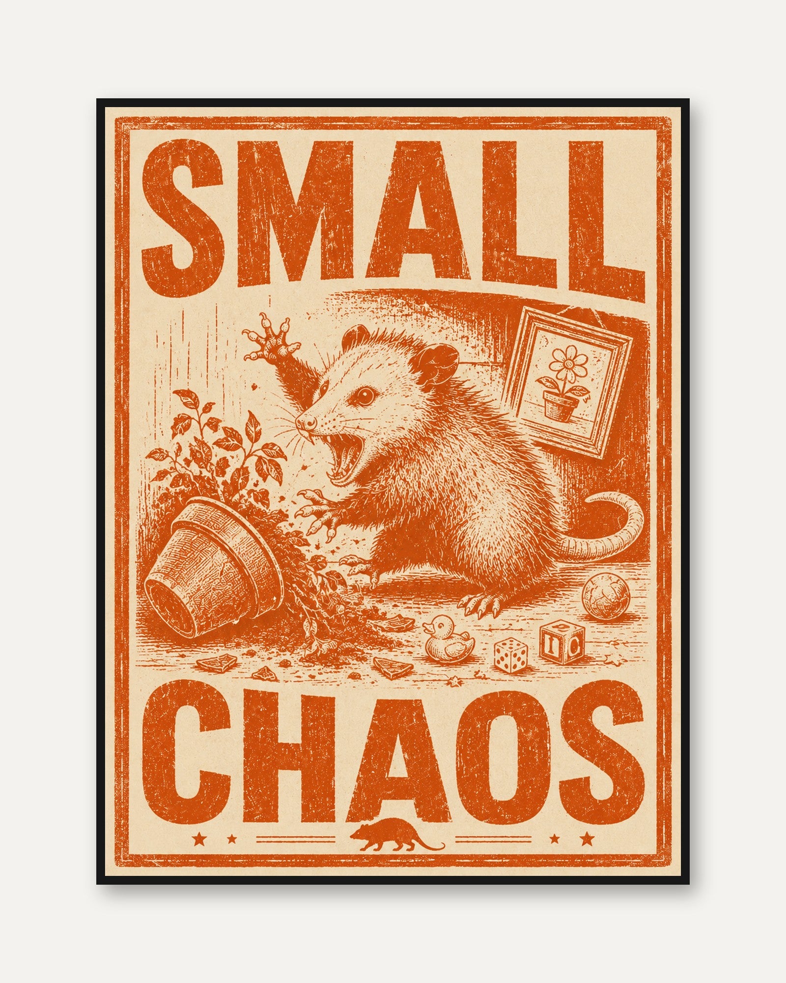 Opossum Vintage Print: Small Chaos Retro Wall Art - framed