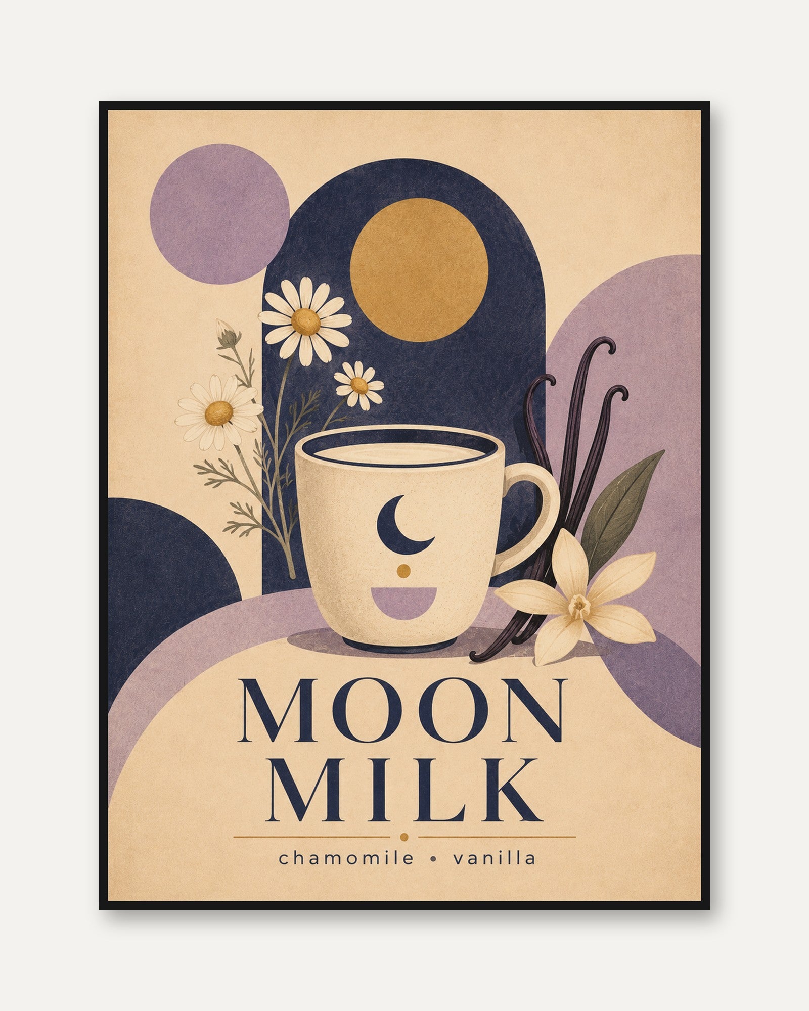 Moon Milk Tea Poster: Art Deco Botanical Chamomile Design - framed