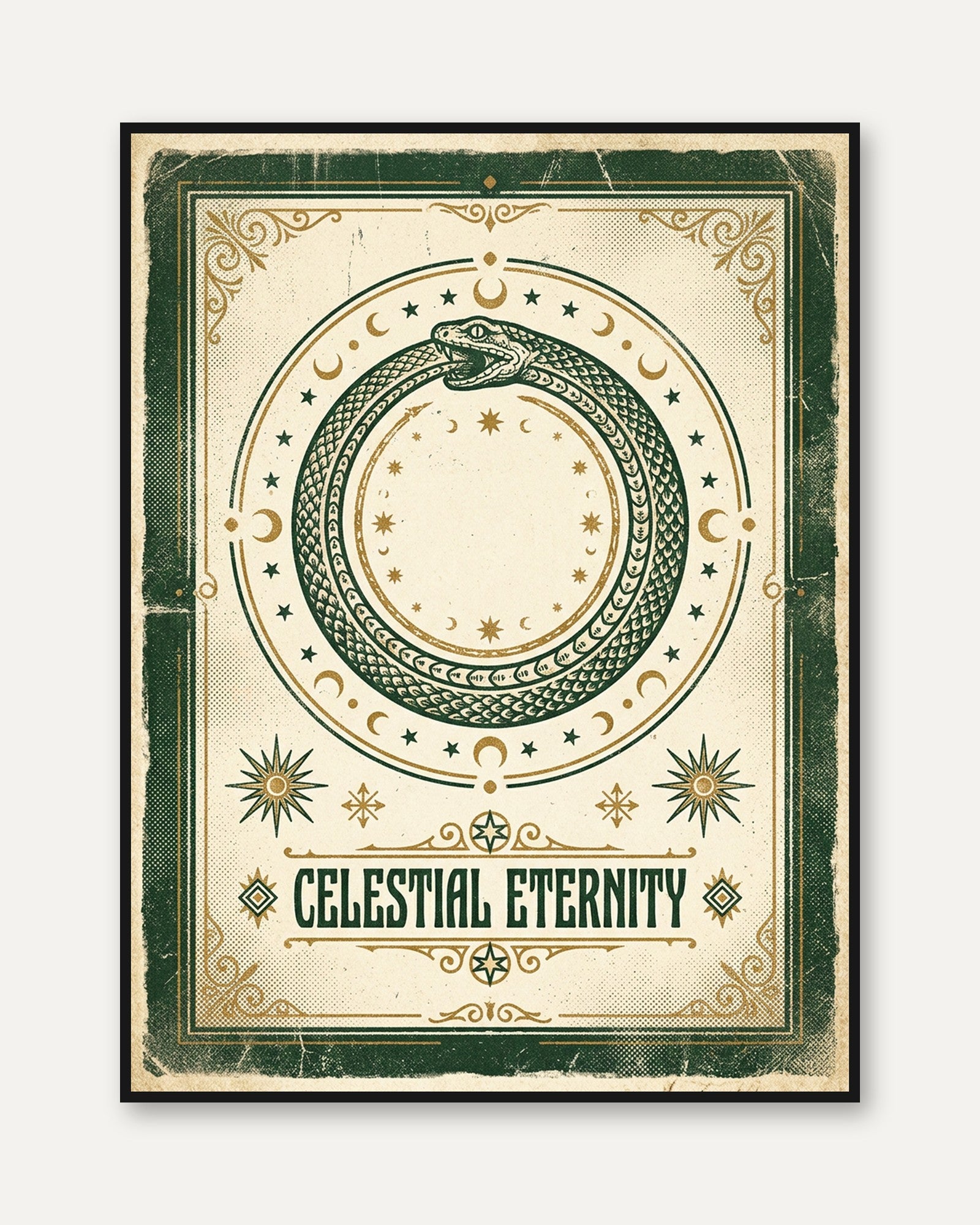 Celestial Ouroboros Print — Mystical Snake & Moon Phases - framed