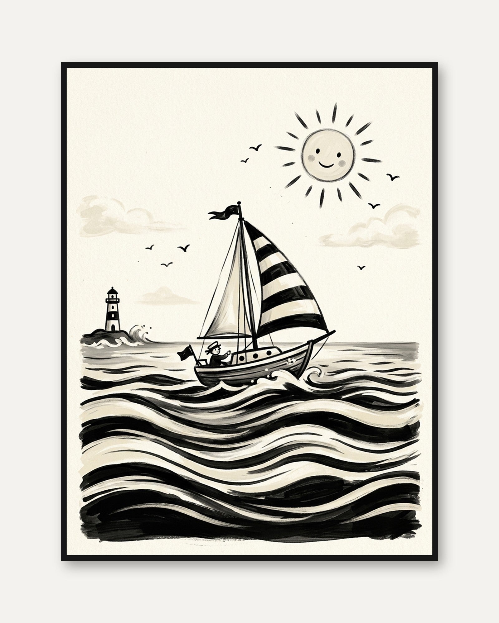 Sailboat and Lighthouse Art Print: Whimsical Nautical Ink Design - framed