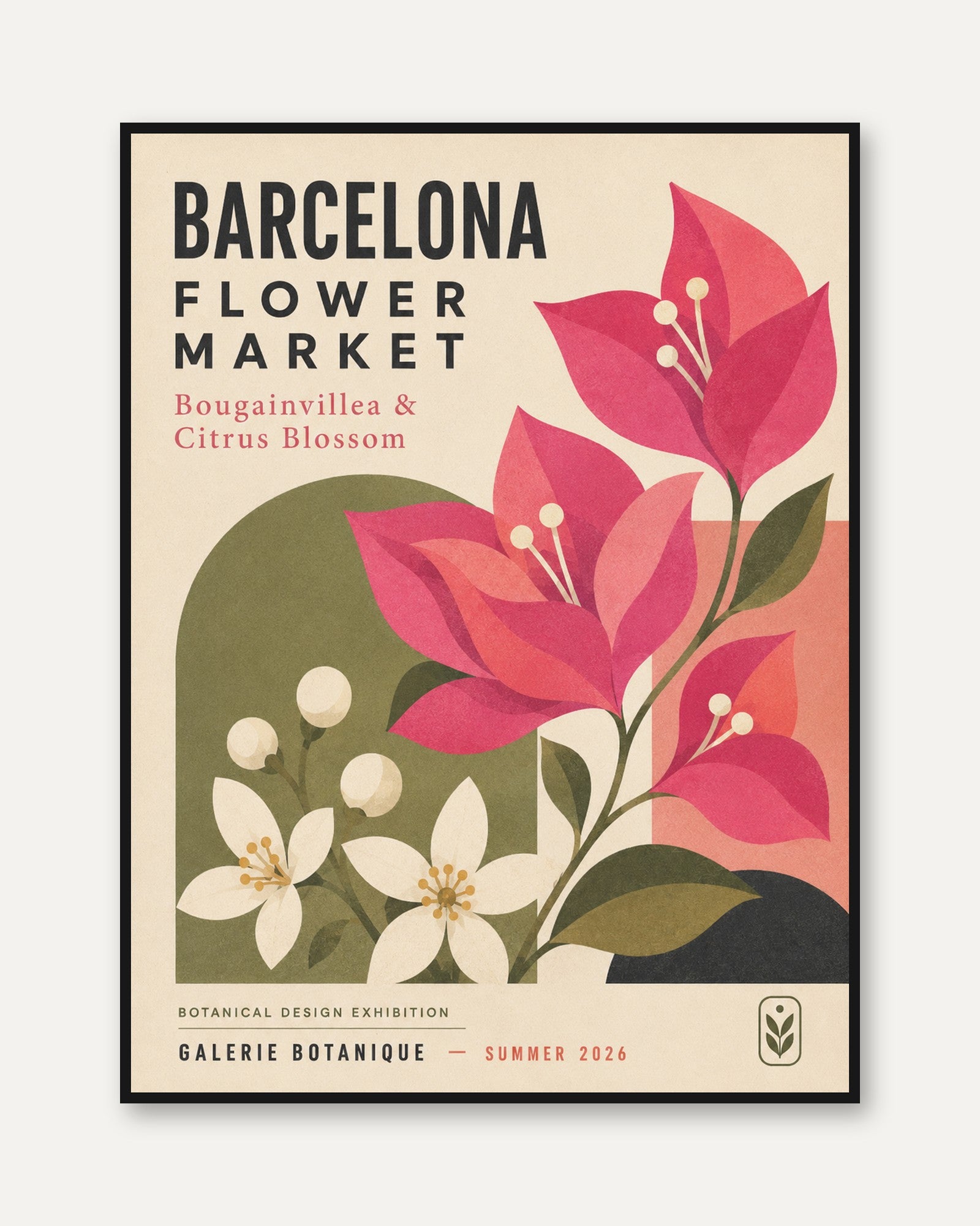 Barcelona Flower Market Print — Mid-Century Botanical Poster - framed