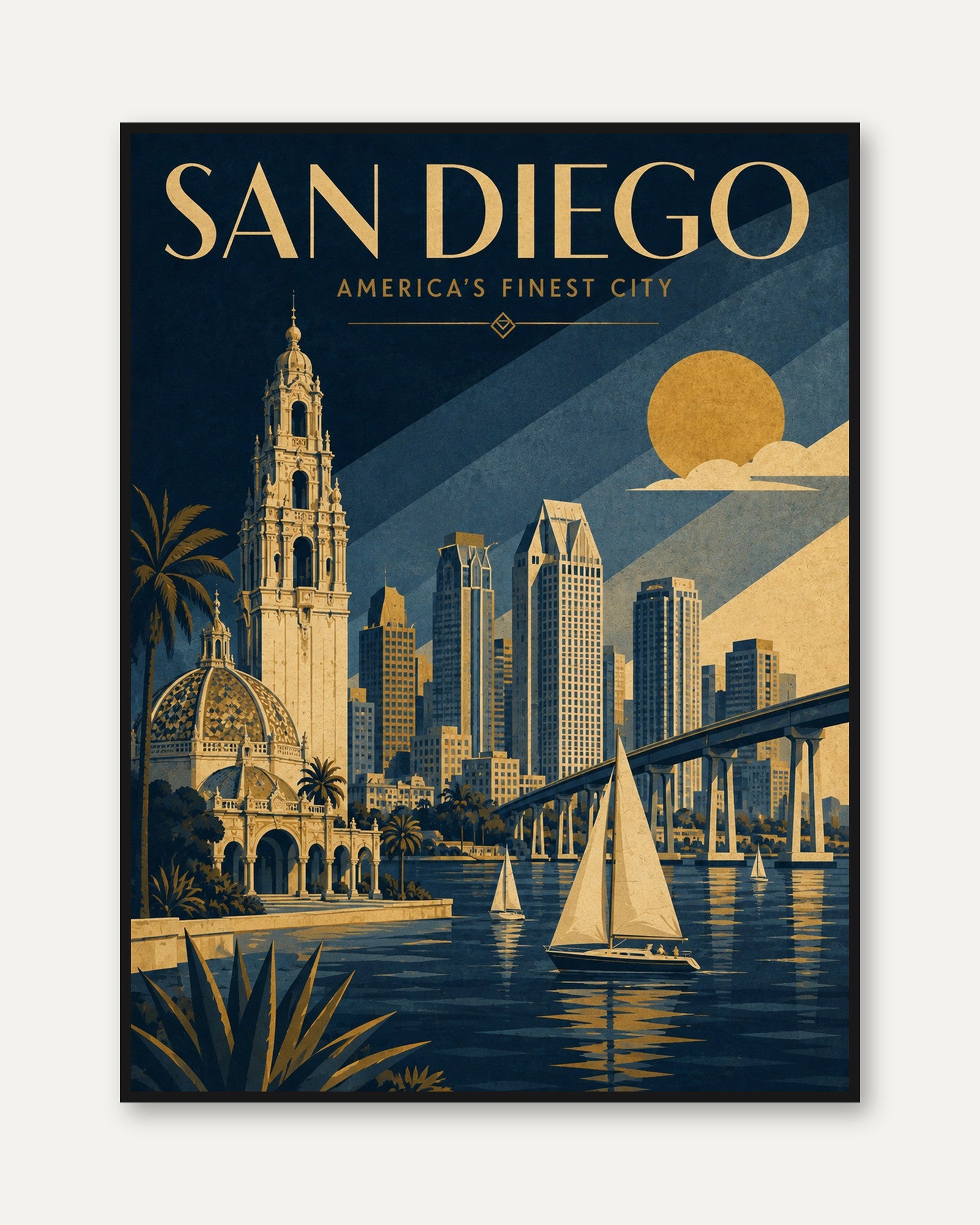 San Diego Vintage Travel Poster: Art Deco Skyline Wall Art - framed