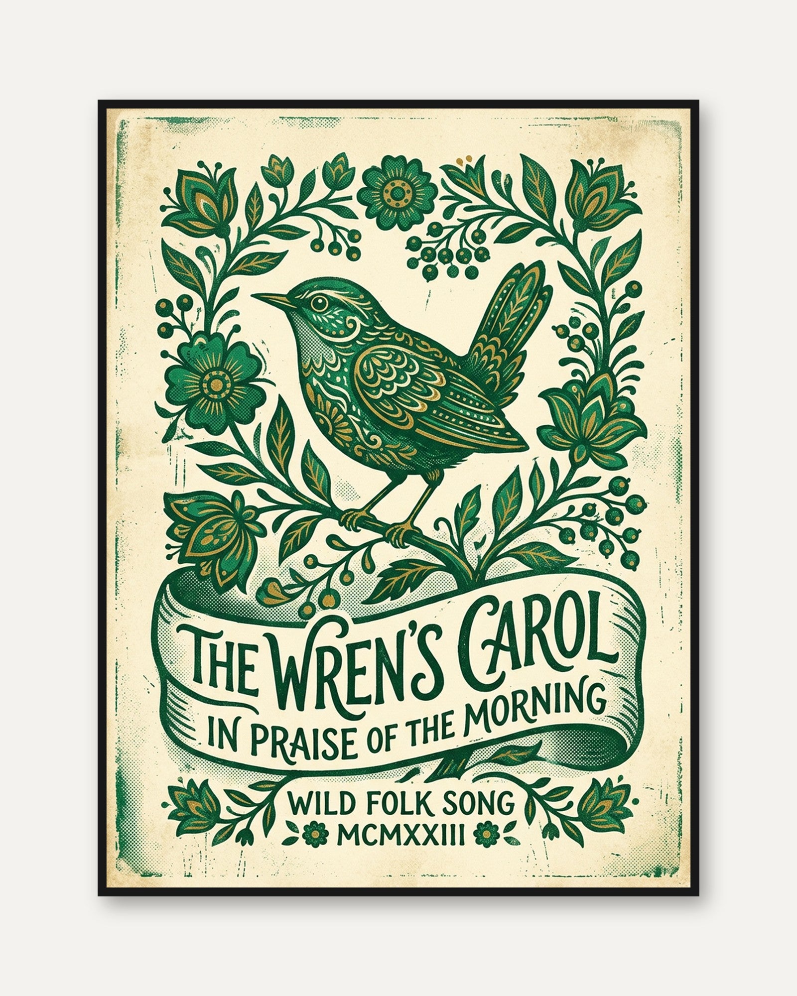 Folk Art Bird Print — The Wren's Carol - framed