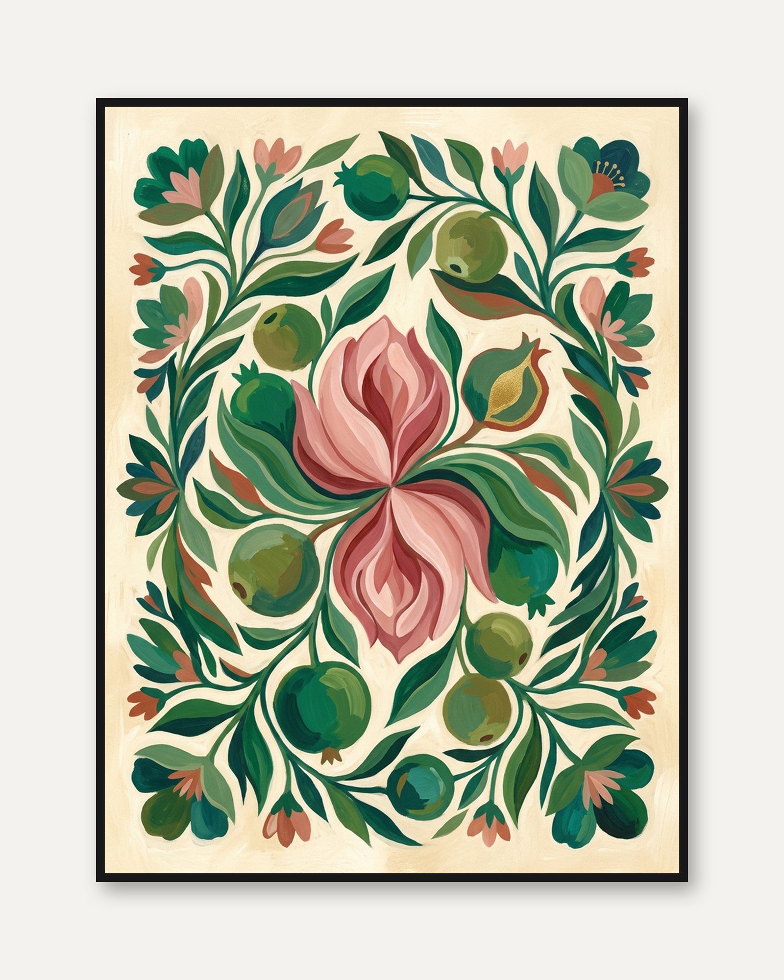 Folk Art Botanical Print: Pink Tulip and Green Pomegranate Design - framed