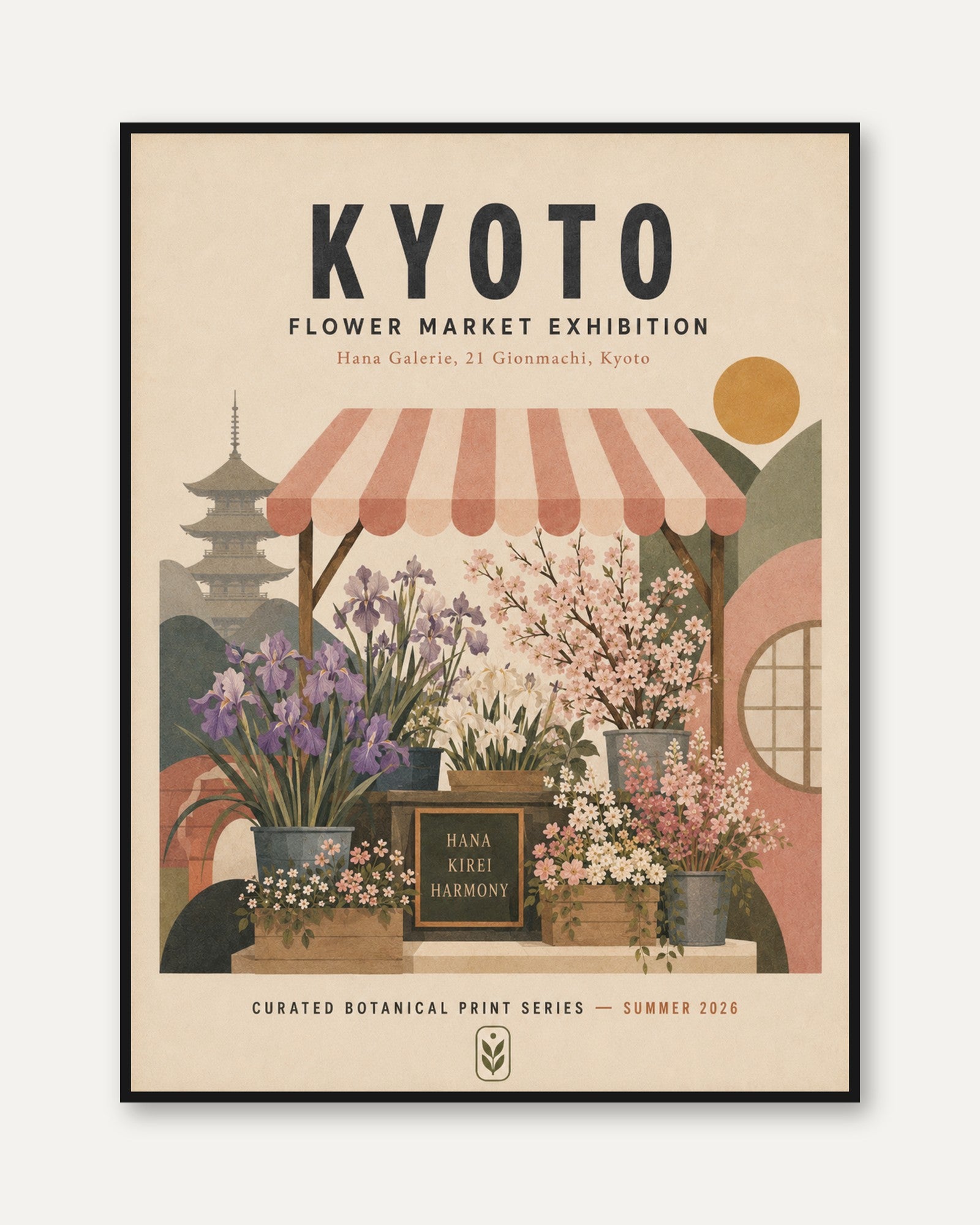 Kyoto Flower Market Print – Vintage Japanese Botanical Travel Poster - framed