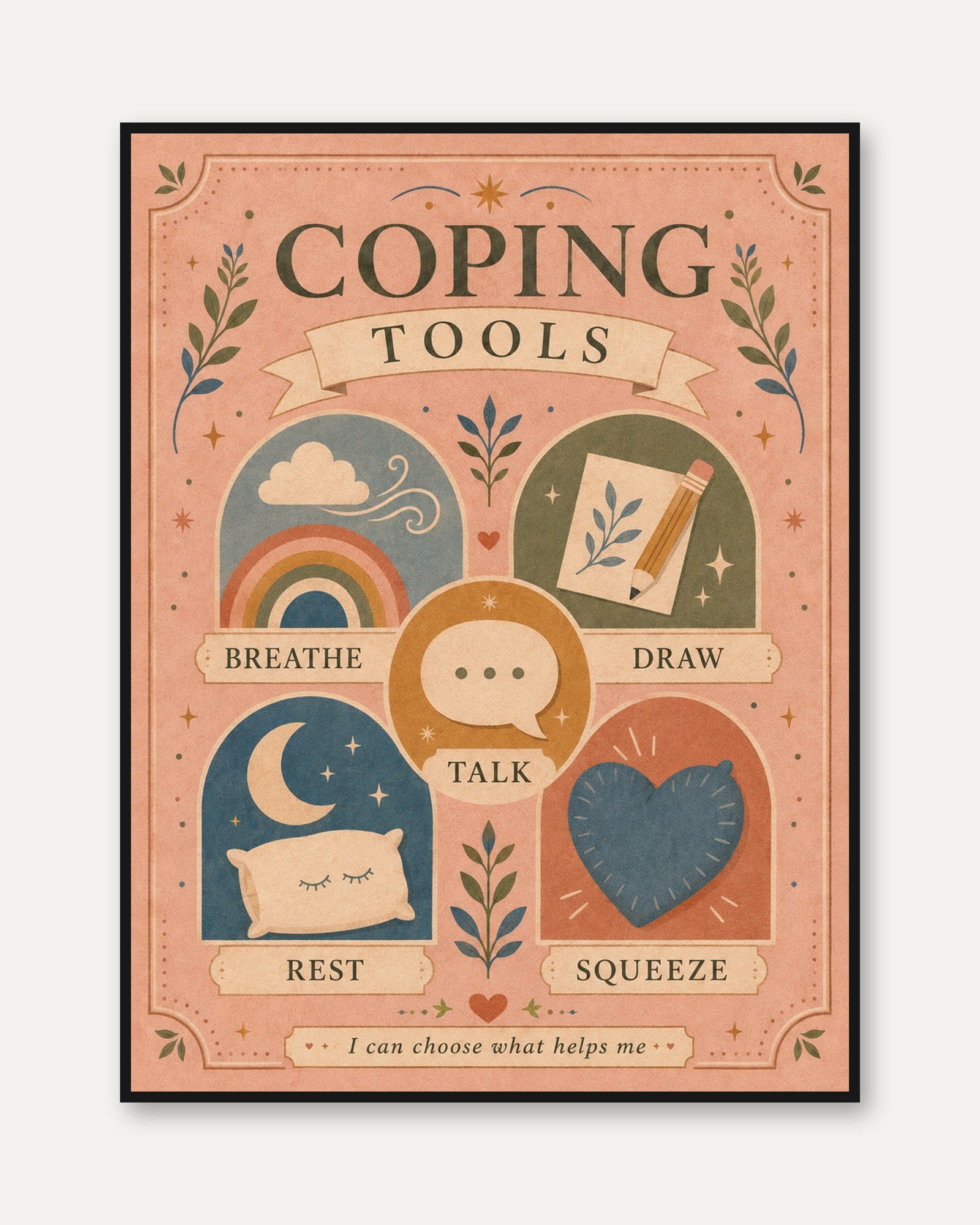 Coping Skills Poster – Mental Health Wall Art - framed