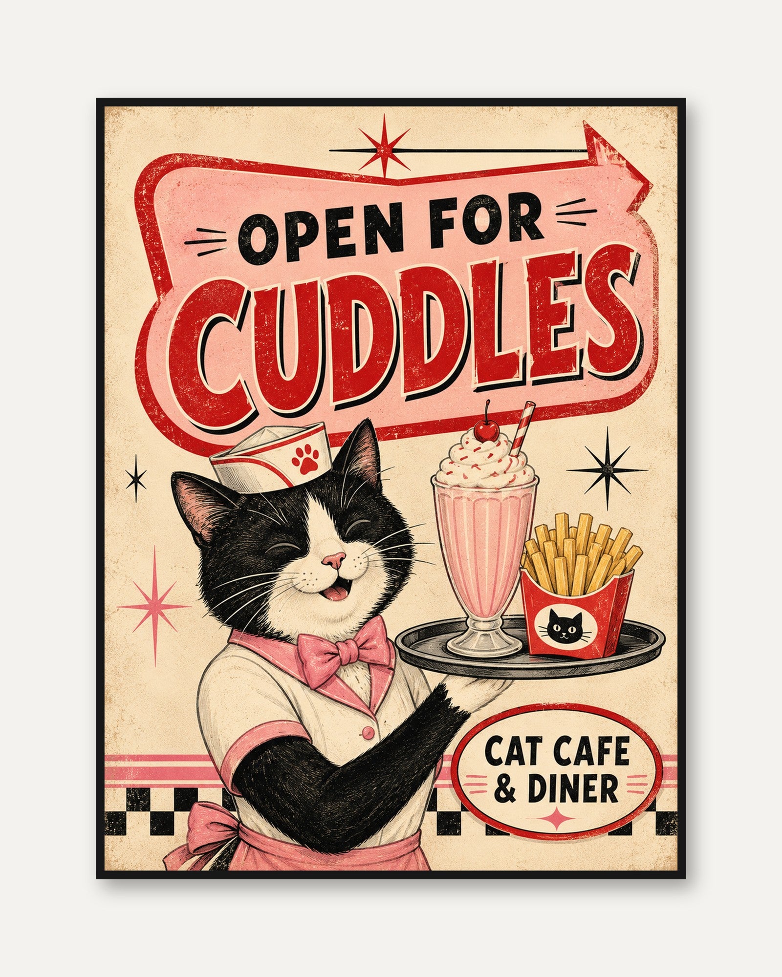 Cat Cafe Wall Art – Retro Diner Print - framed