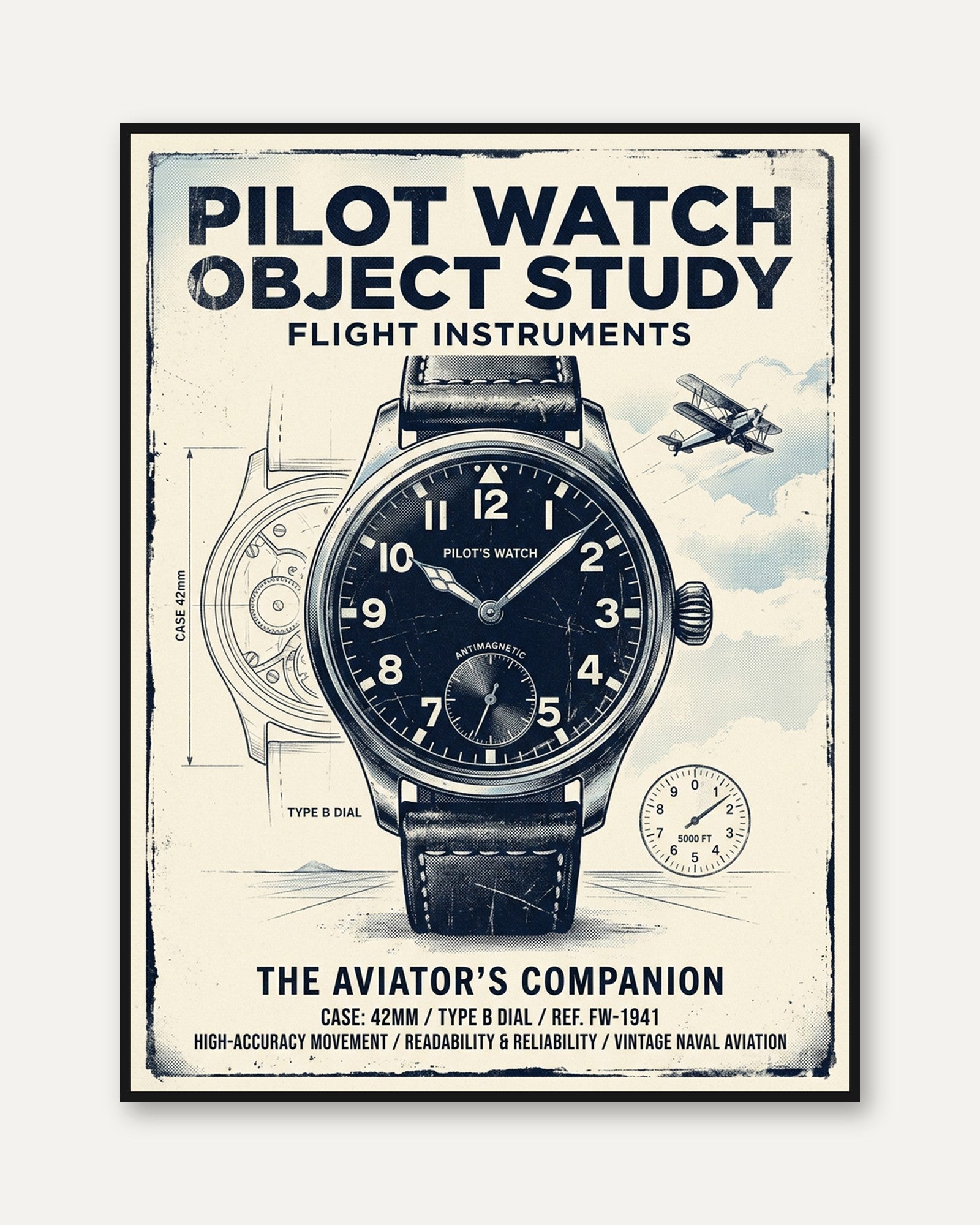 Pilot Watch Object Study Poster: Vintage Aviation Blueprint Art - framed
