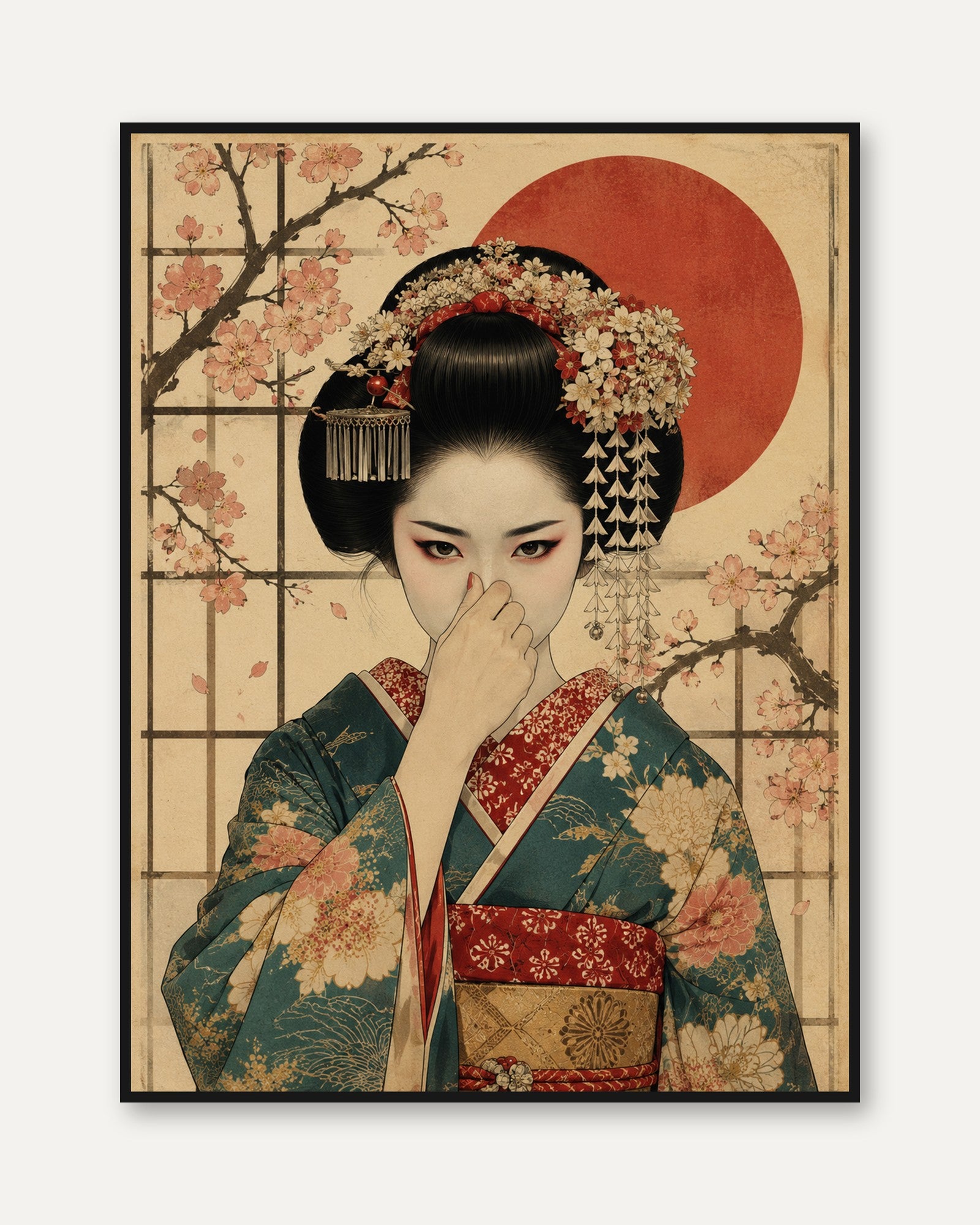 Funny Bathroom Poster Japanese Geisha Art Print - framed