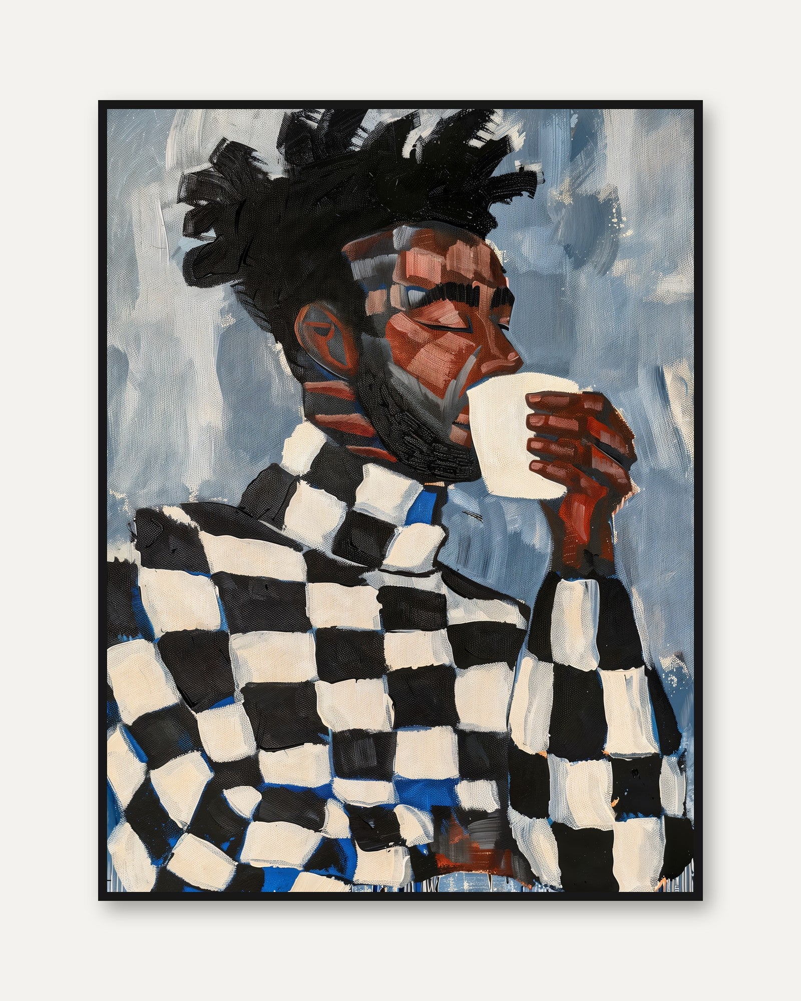 Black Woman Coffee Art Print: Checkered Style - framed