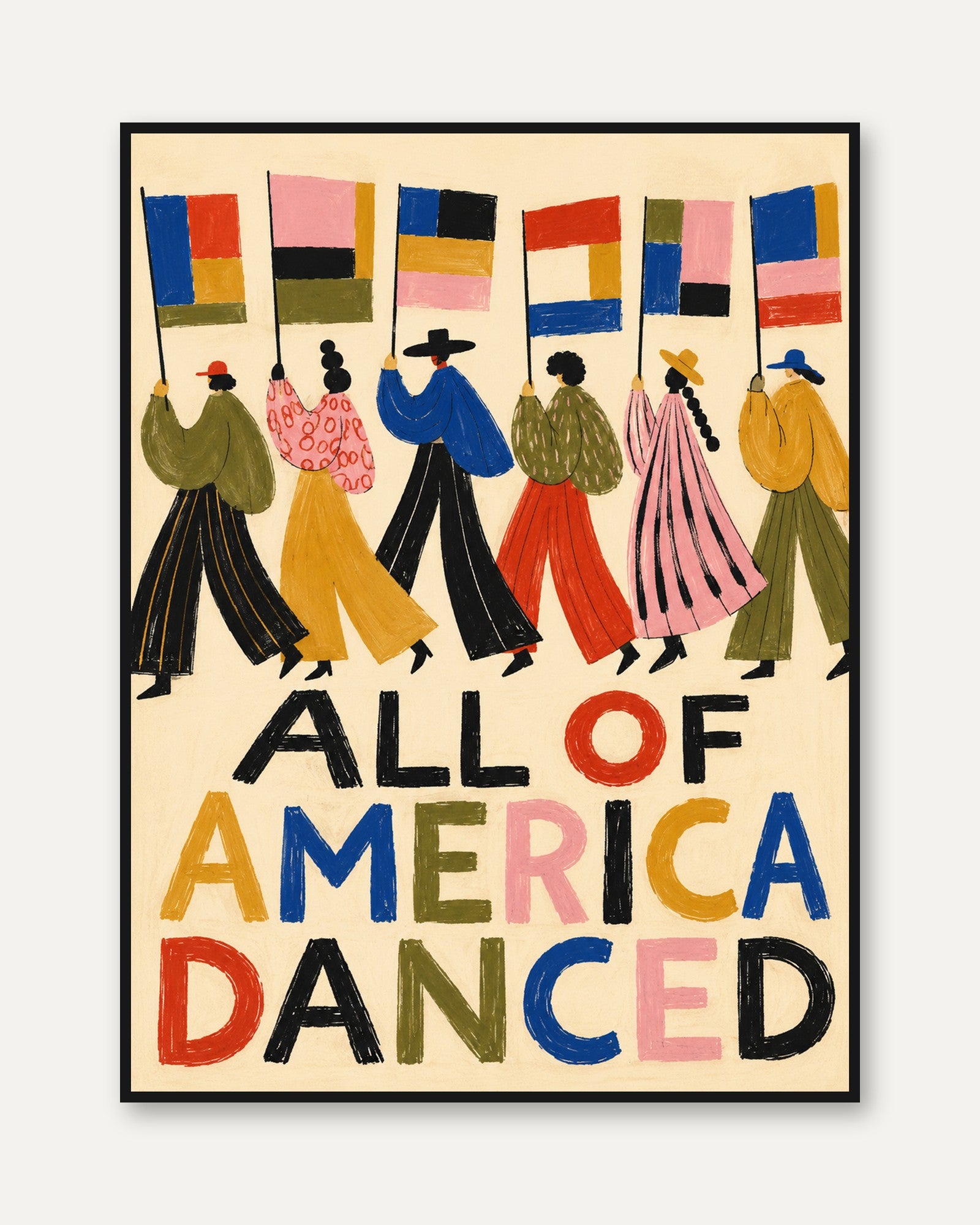 All of America Danced Print: Folk Art Parade with Colorful Flags - framed