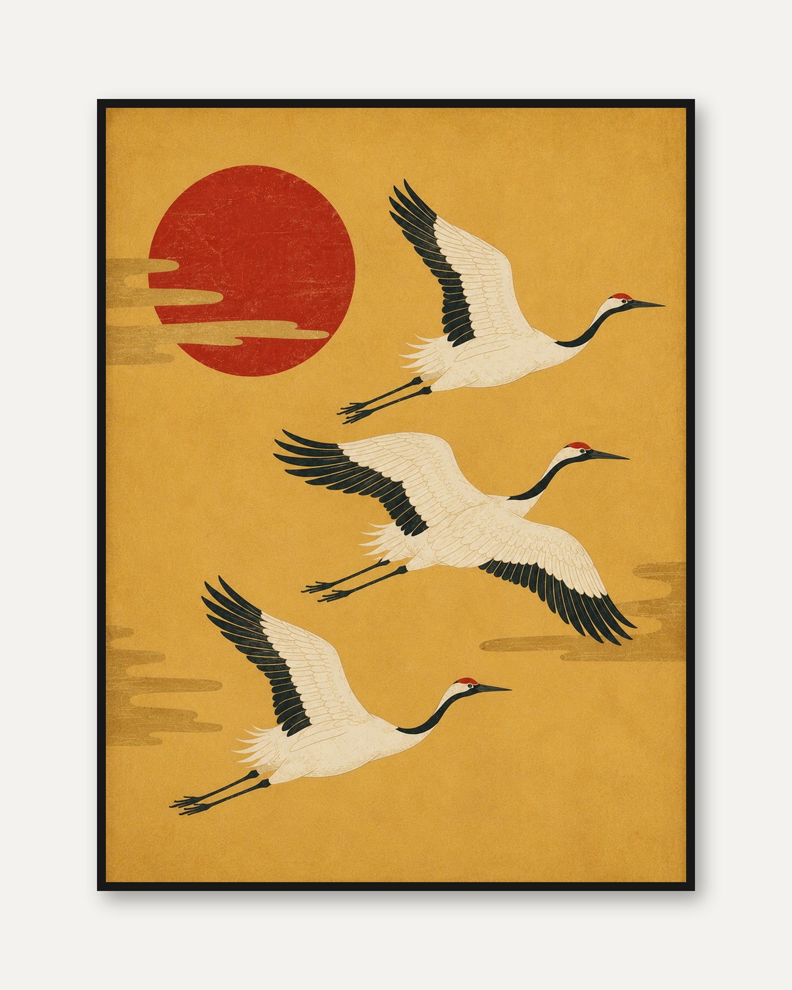 Japanese Crane Print – Vintage Red Sun - framed