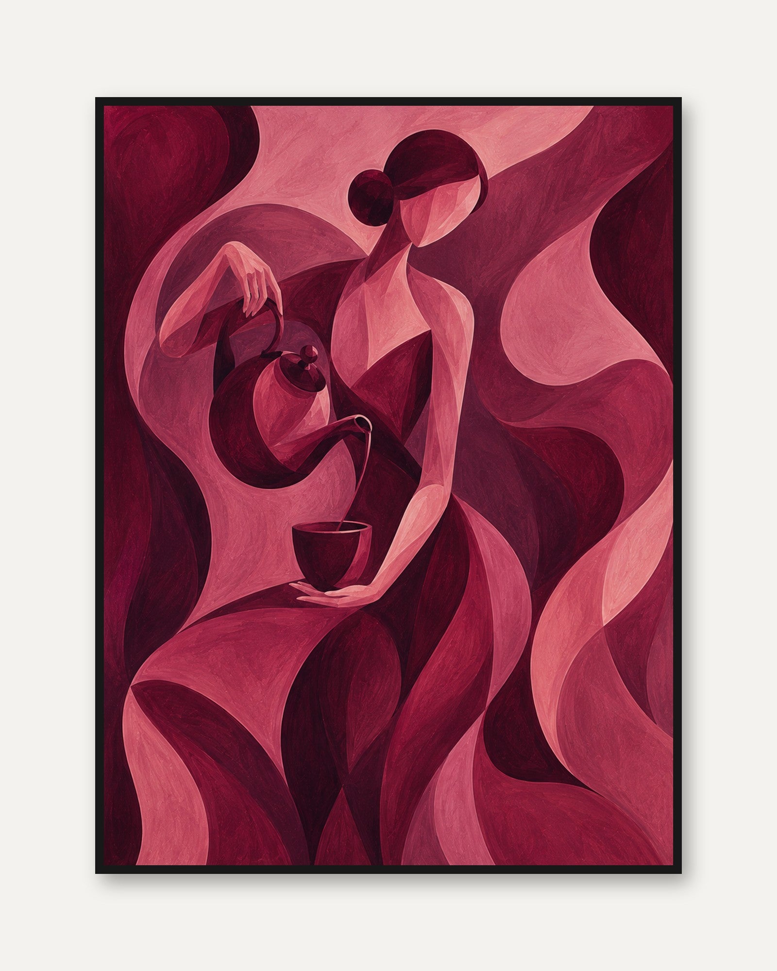 Cubist Coffee Ritual Art Print: Pink Geometric Figure Poster - framed