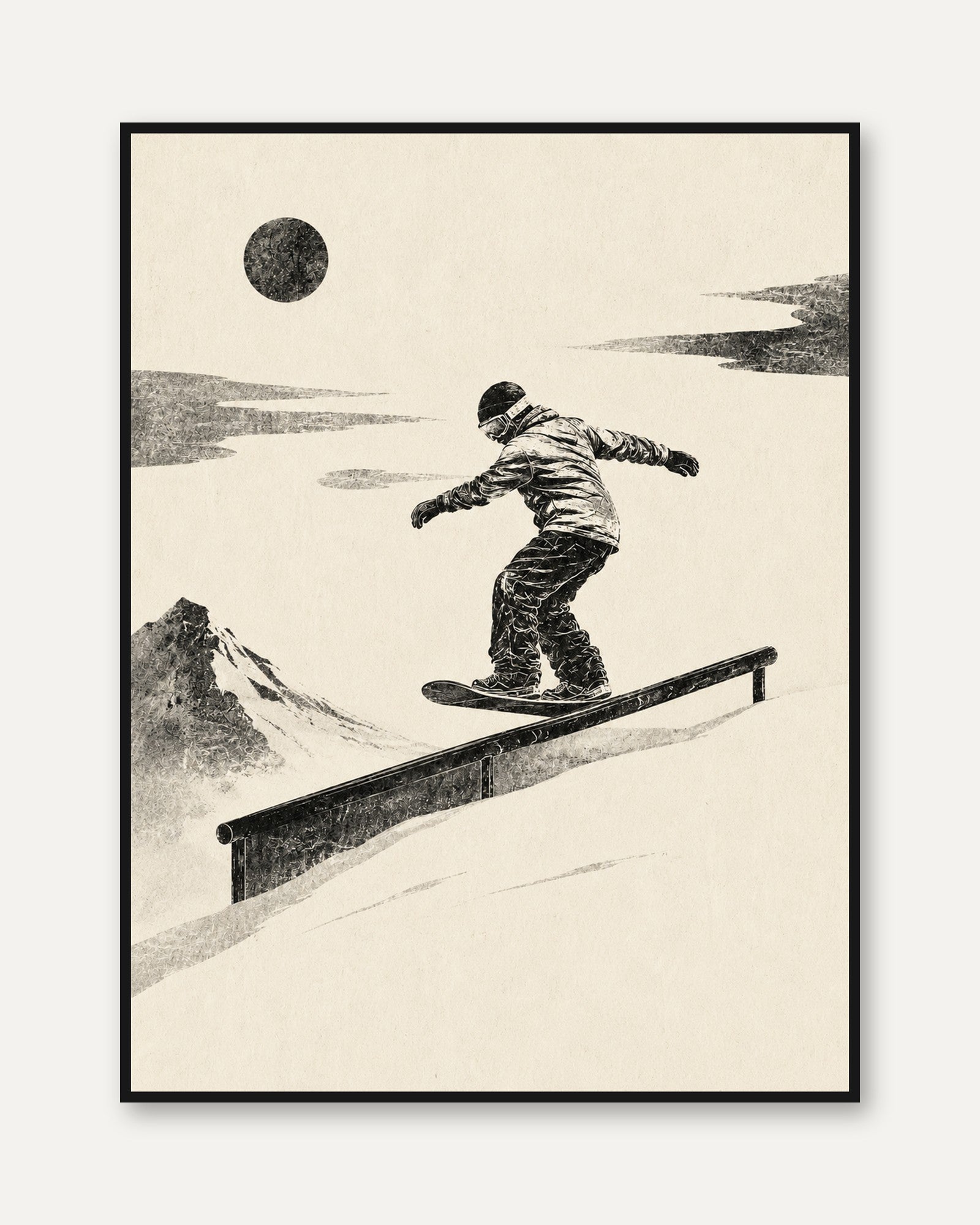 Snowboarder Rail Slide Print: Vintage Monochrome Winter Sports Art - framed