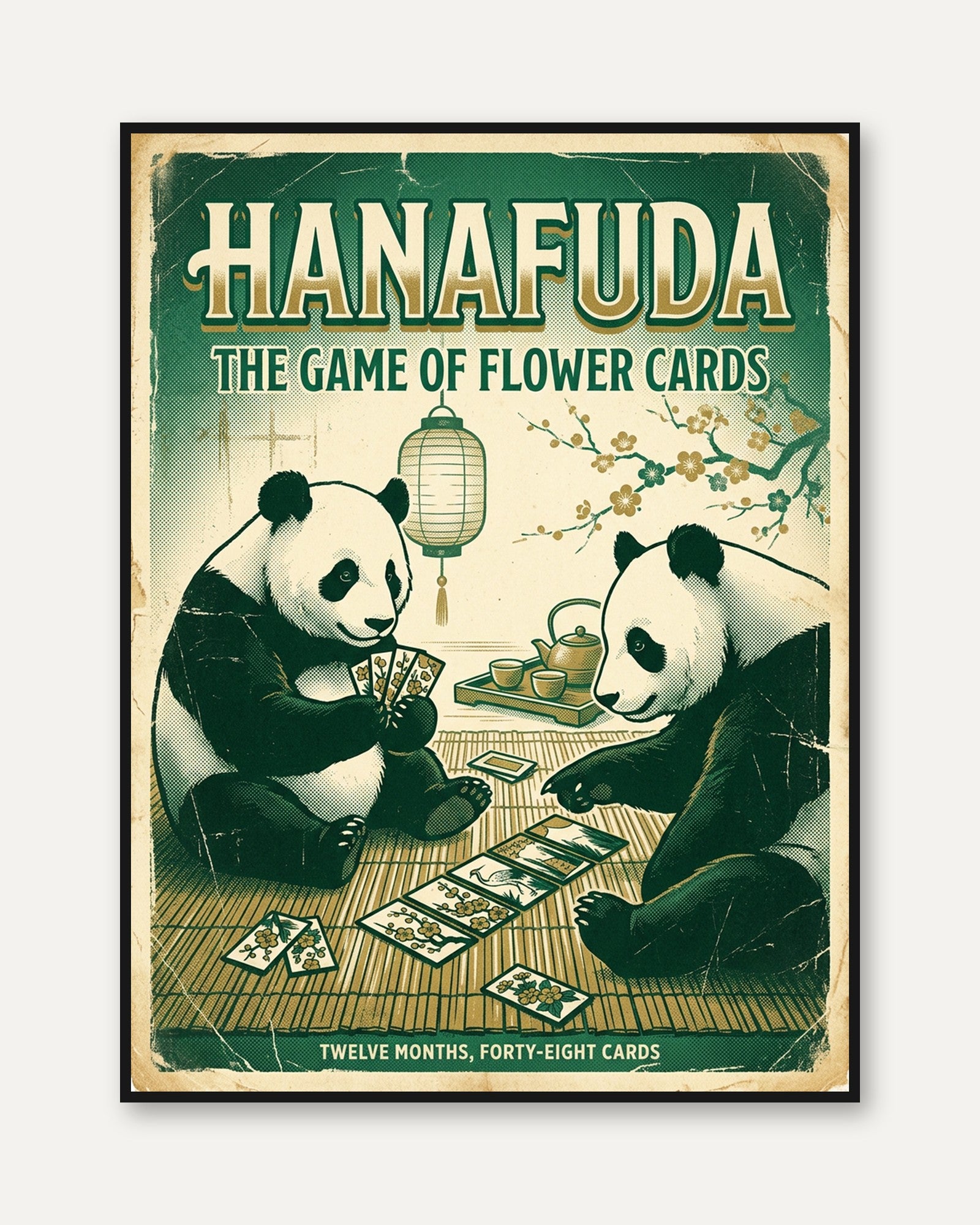Hanafuda Pandas Playing Cards Poster: Vintage Japanese Art Print - framed