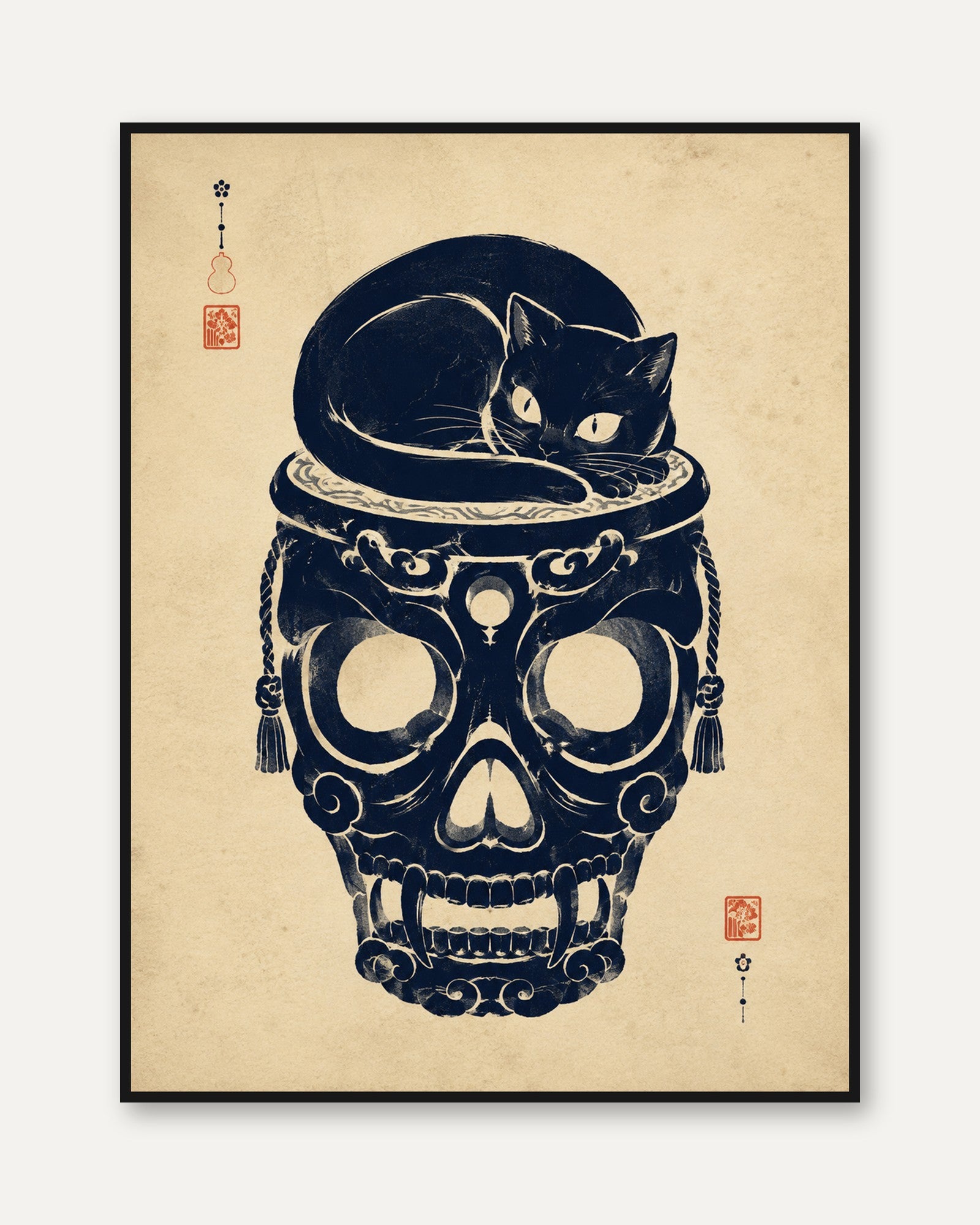 Japanese Cat Skull Art – Black Cat Print - framed