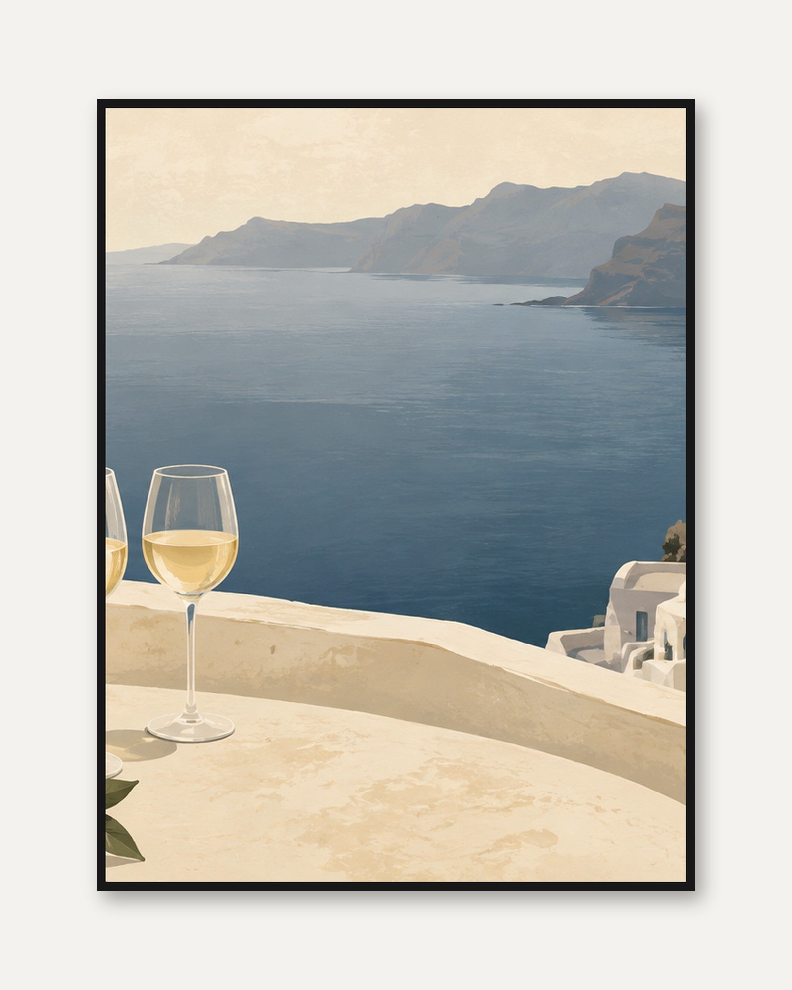 Mediterranean Wine Terrace Print: Minimalist Coastal Art - framed