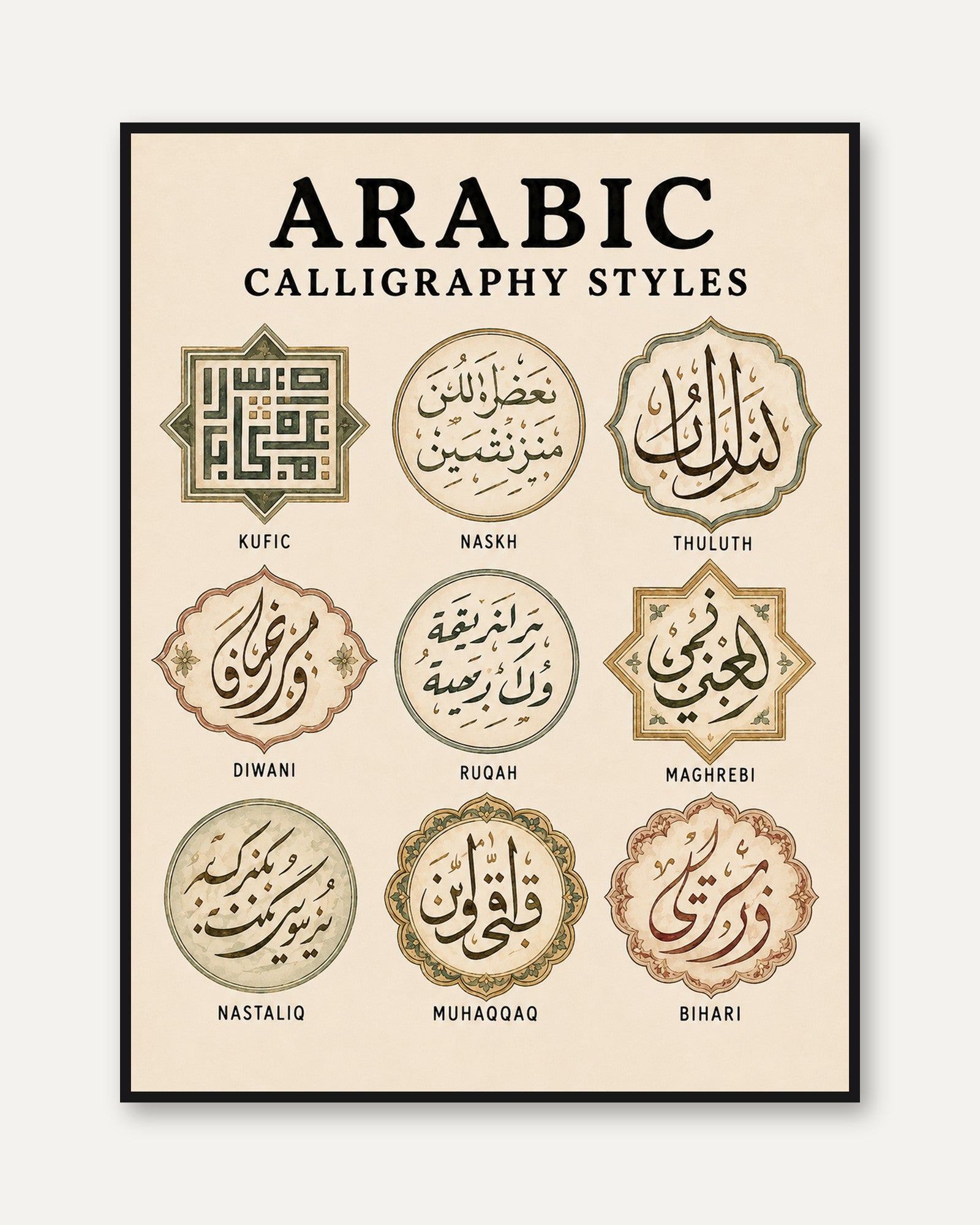 Arabic Calligraphy Art Print – Nine Styles - framed