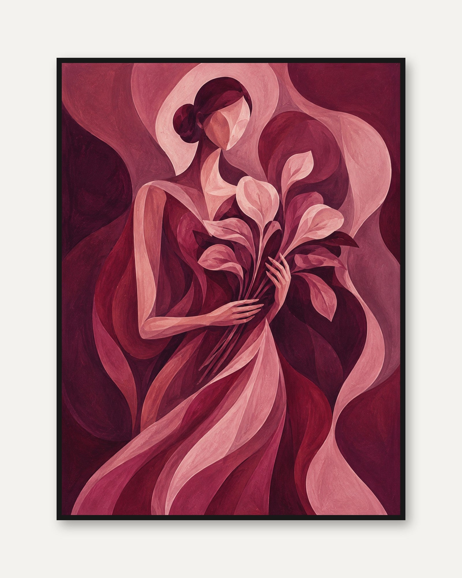 Art Deco Woman With Calla Lilies: Pink and Burgundy Wall Art - framed