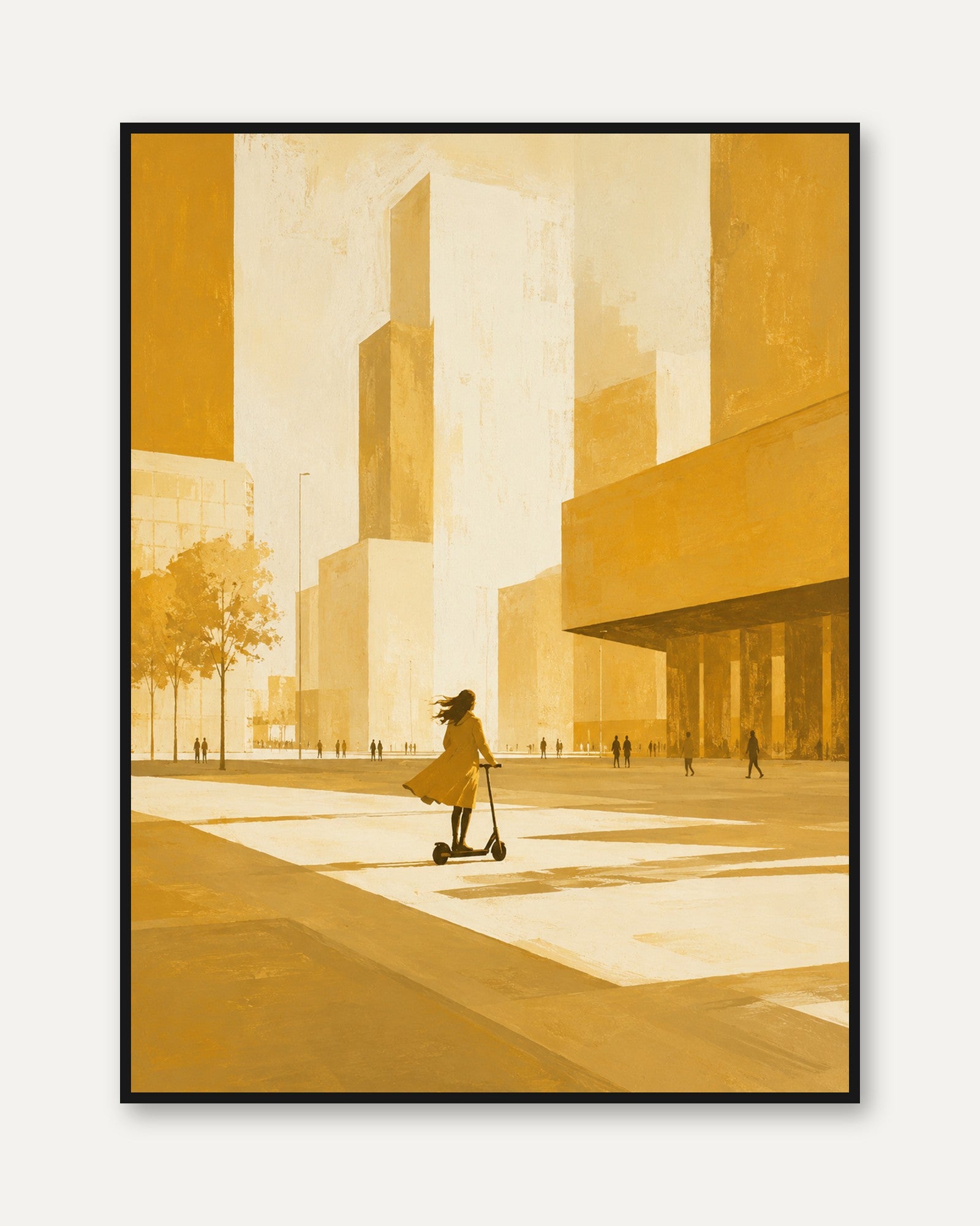 Modern Urban Cityscape: Golden Yellow Minimalist Architecture Print - framed