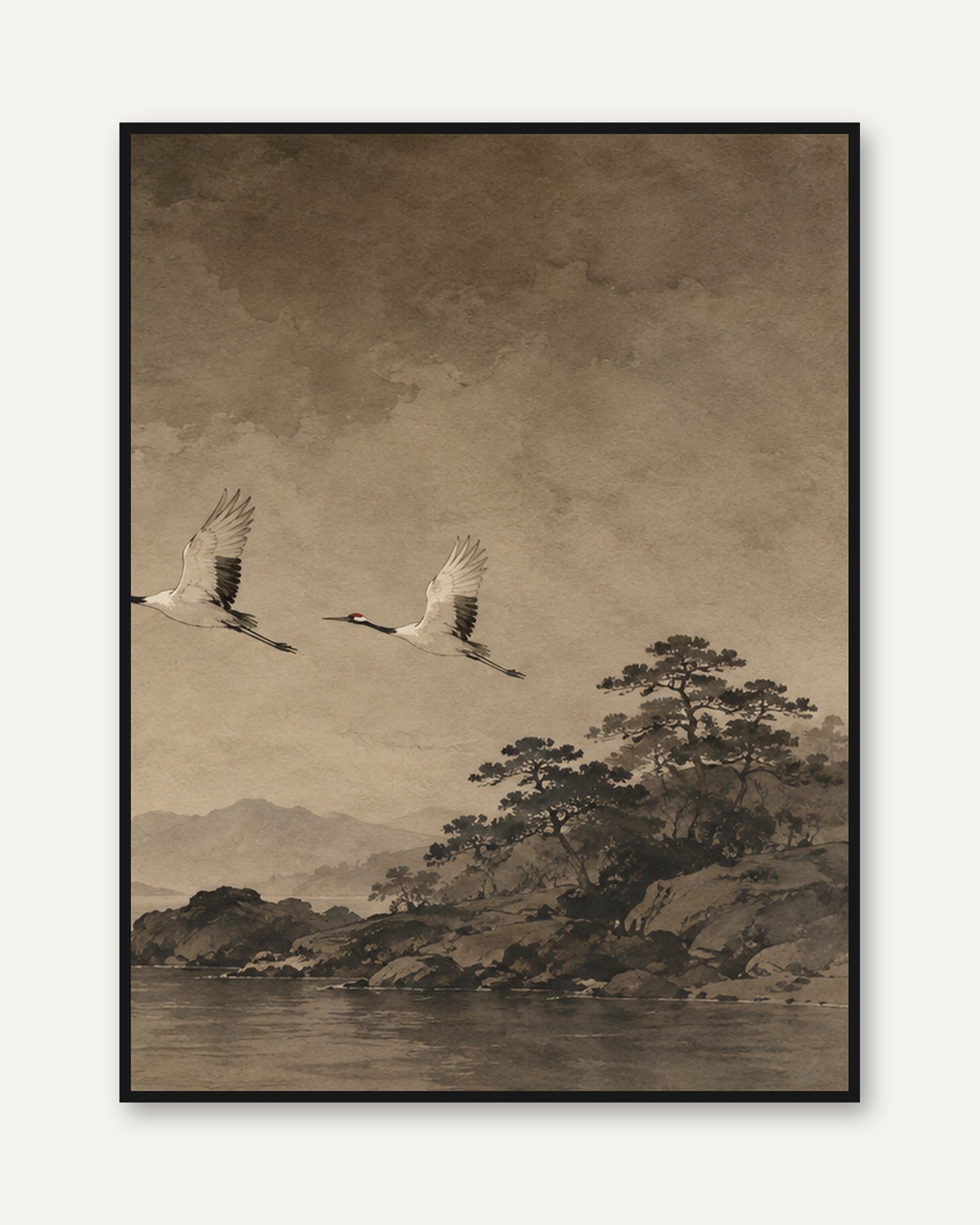 Japanese Cranes in Flight Art Print: Sepia Landscape Painting - framed