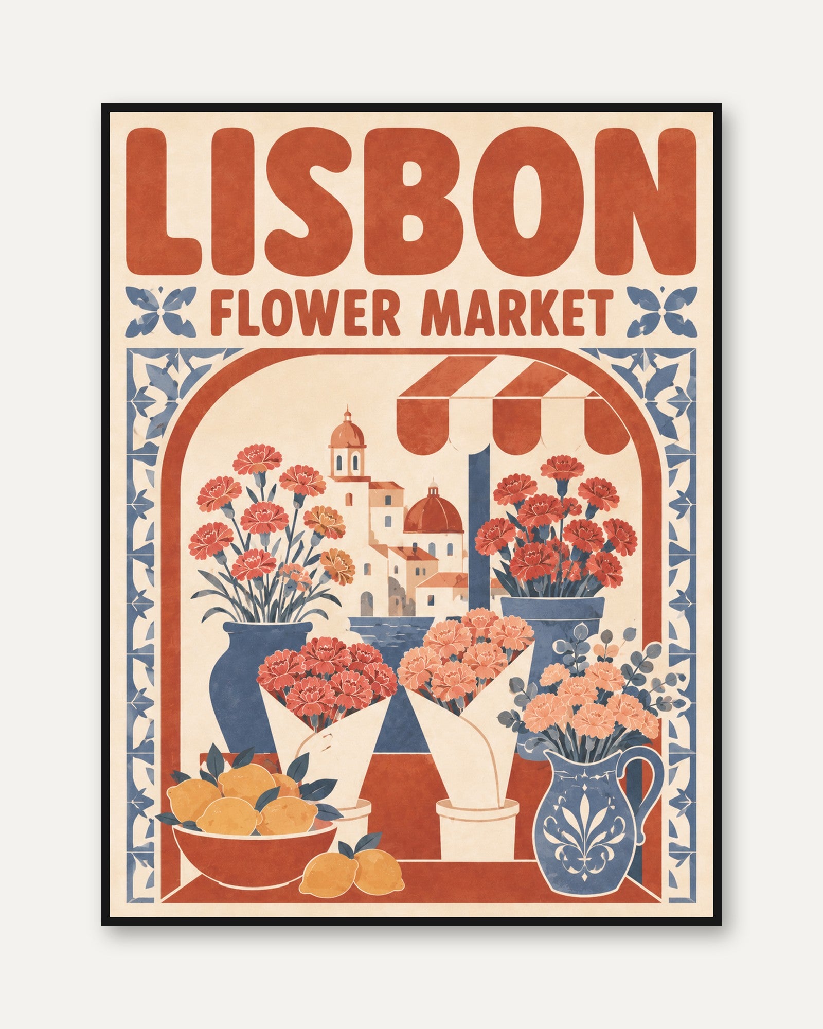 Flower Market Wall Art: Lisbon Travel Poster (Terracotta & Blue Tones) - framed