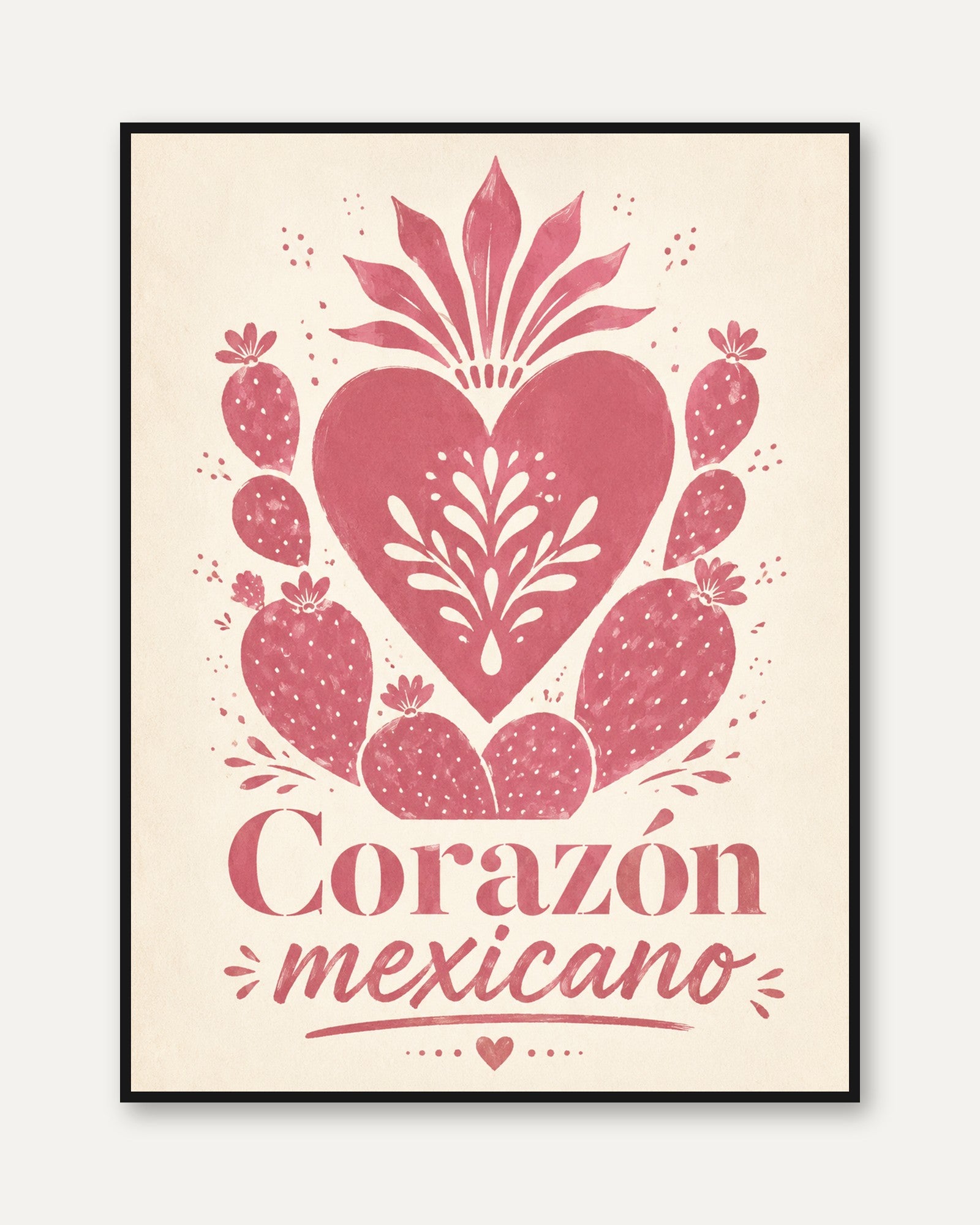 Corazón Mexicano Wall Art: Pink Sacred Heart Folk Design - framed