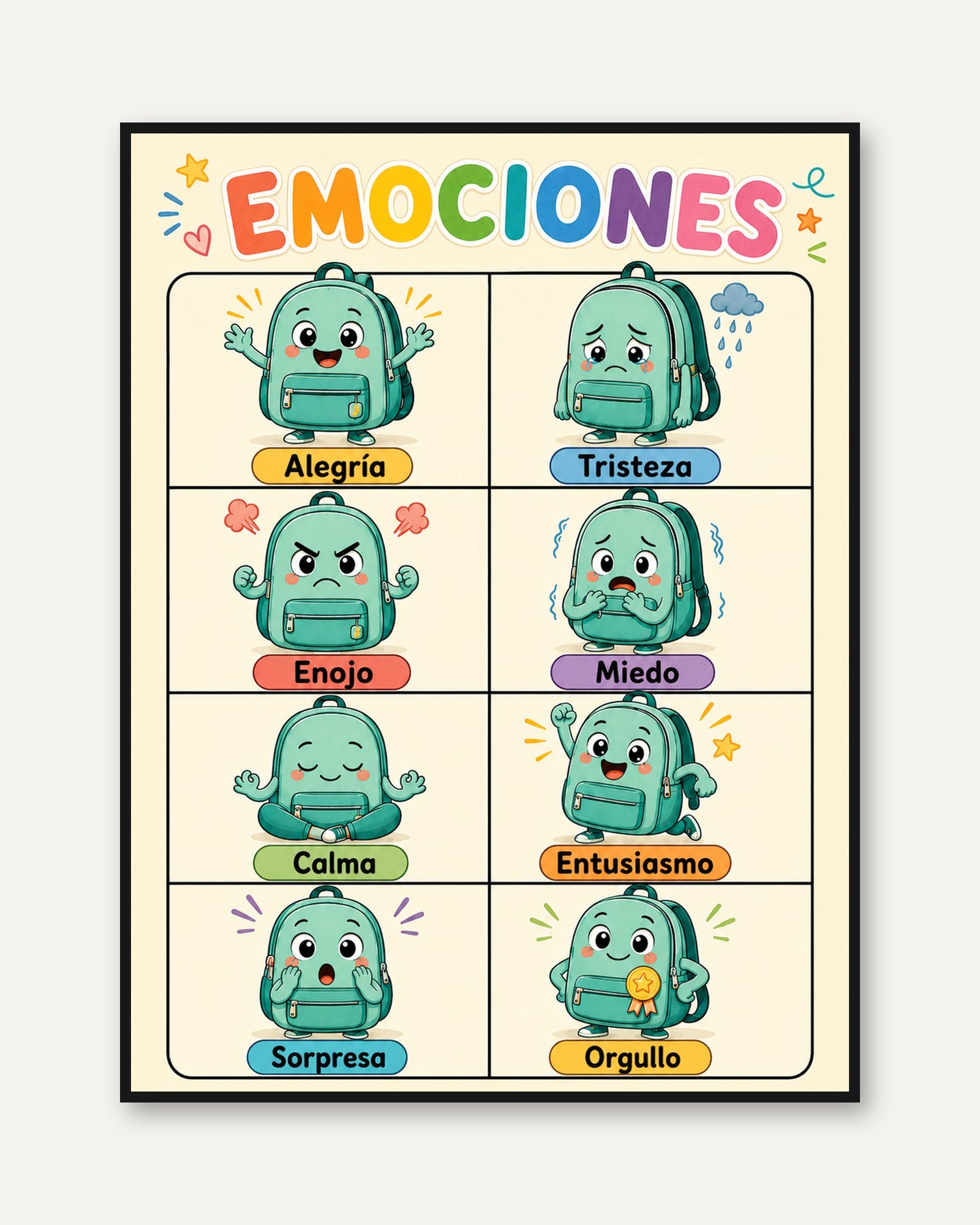 Spanish Emotions Chart Print: Colorful Kids Poster for Learning - framed