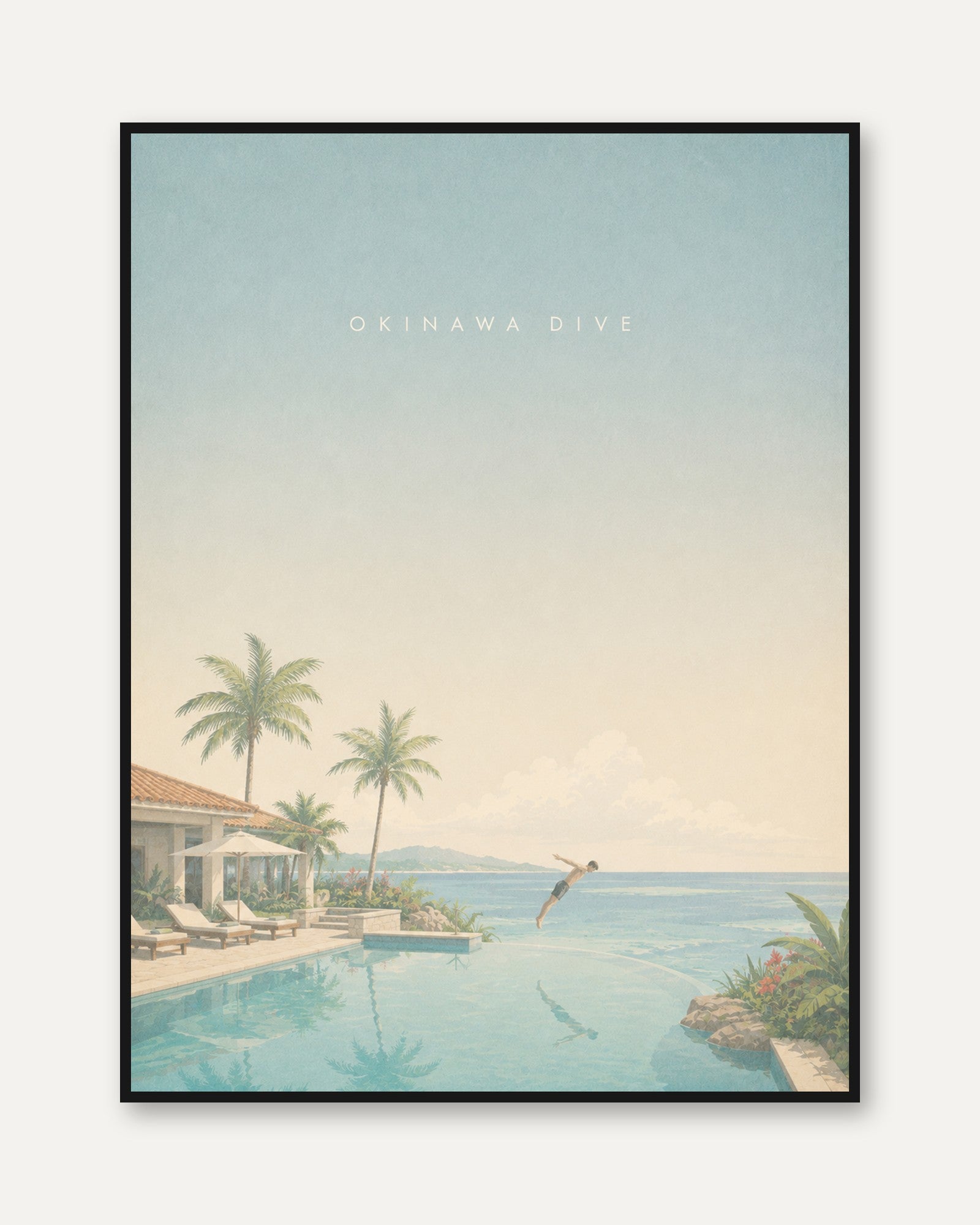 Okinawa Dive Print: Tropical Paradise Pool and Palm Trees Art - framed