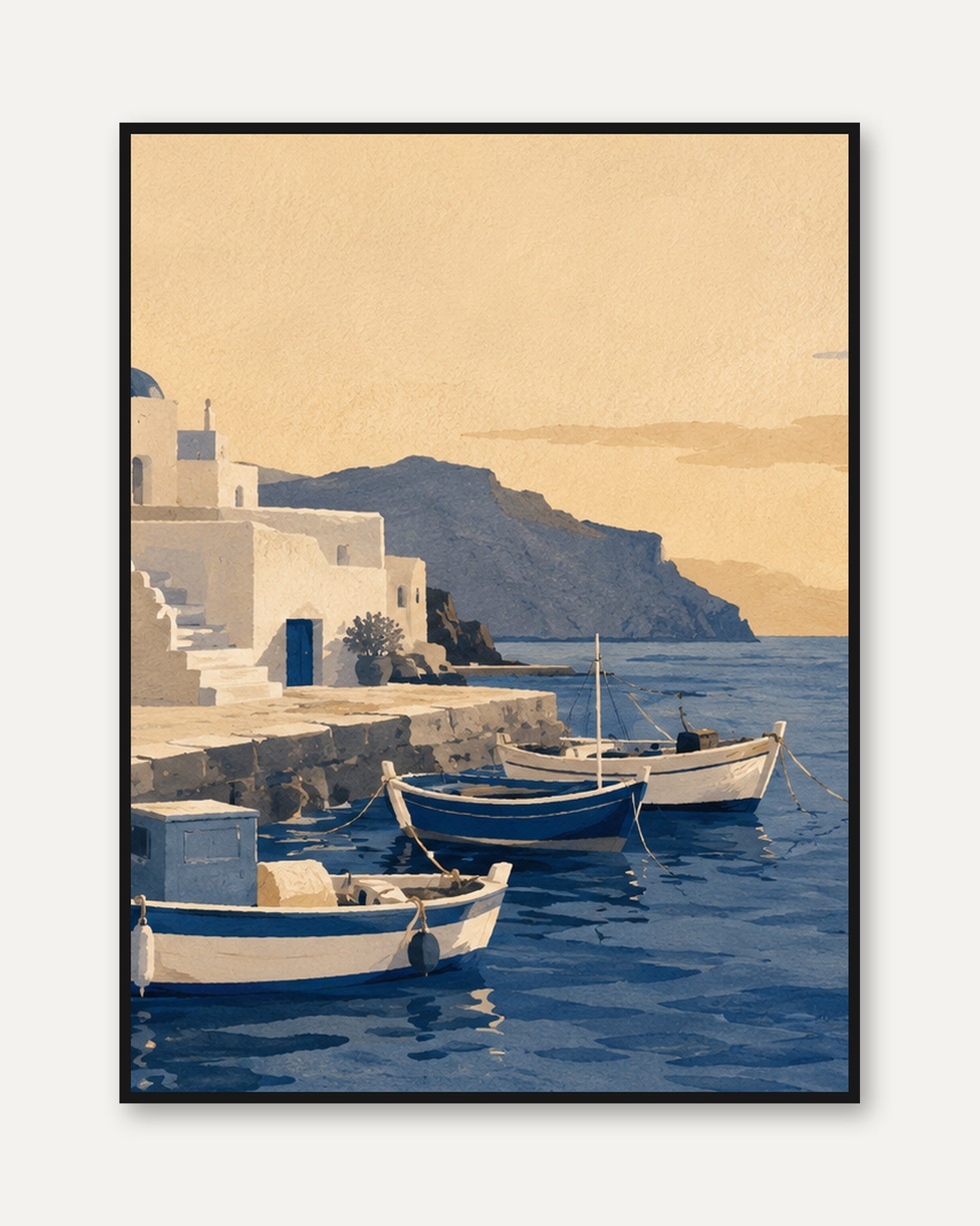 Greek Coastal Village Art Print: Mediterranean Blue Boats - framed
