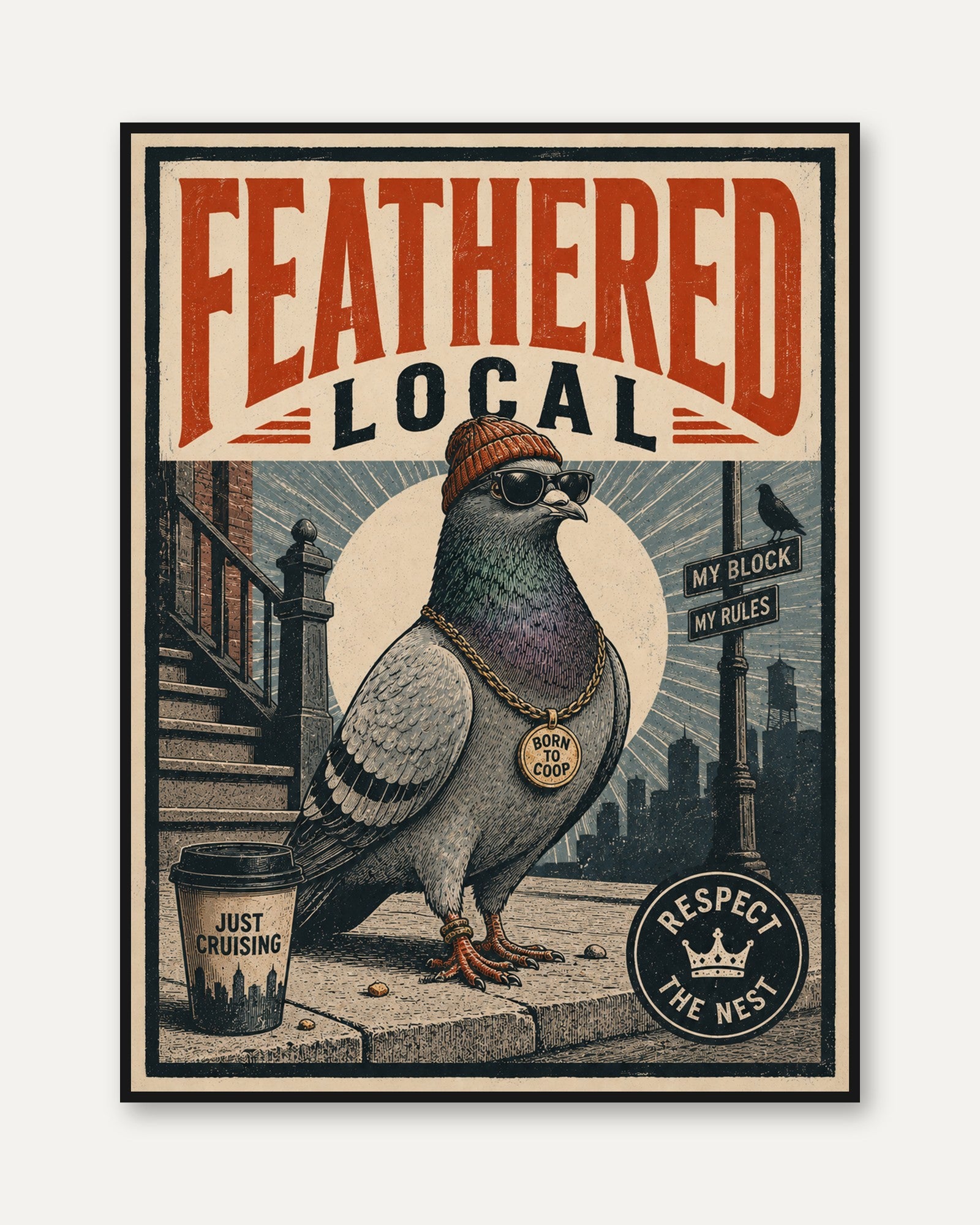 Feathered Local Pigeon Poster: Retro Urban Bird Wall Art - framed