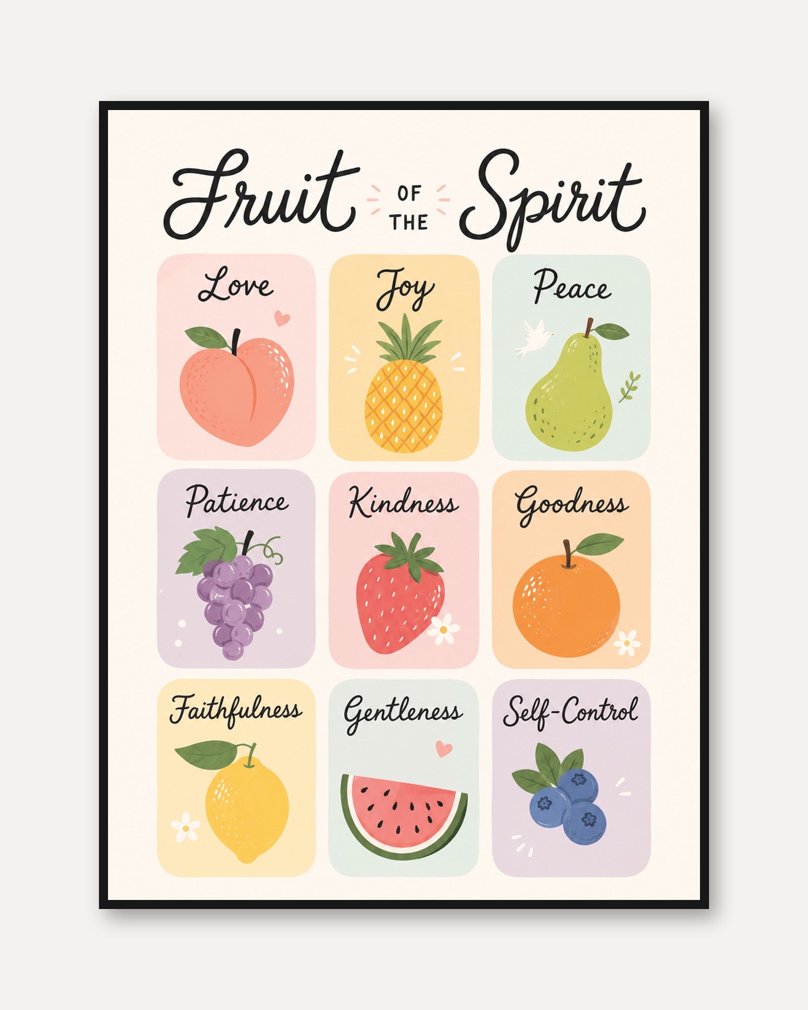 Fruit of the Spirit Print: Christian Nursery and Kitchen Wall Art - framed
