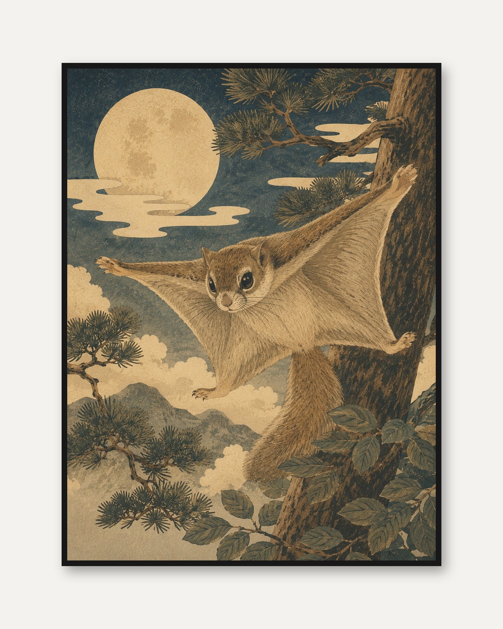 Flying Squirrel Japanese Art Print - framed