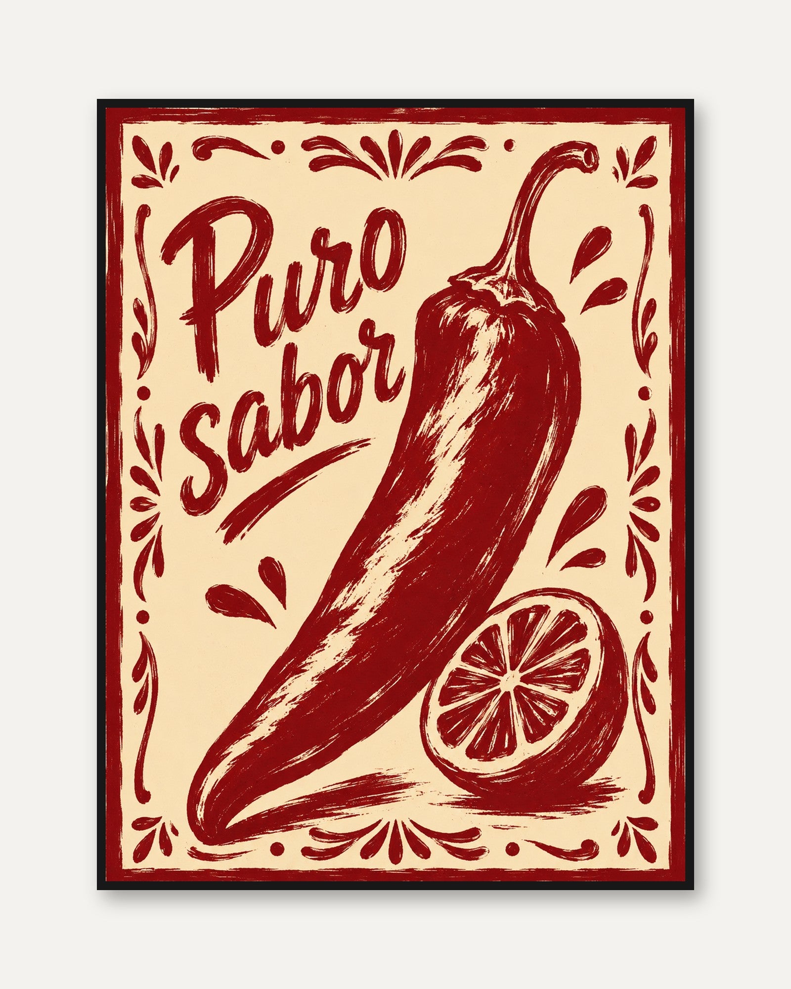 Puro Sabor Chili Pepper Poster: Vintage Mexican Folk Art Print - framed
