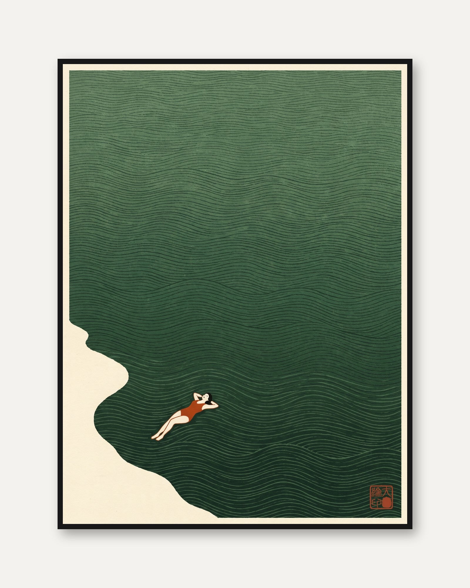 Vintage Swimmer Art Print: Minimalist Retro Pool Illustration - framed