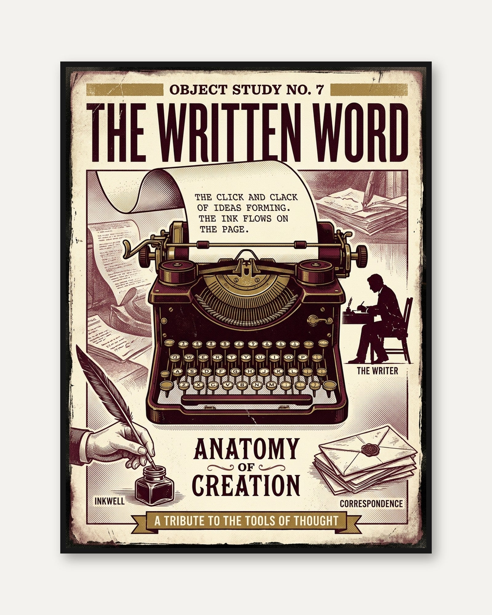 Vintage Typewriter Poster: Retro Writing Anatomy Art Print - framed