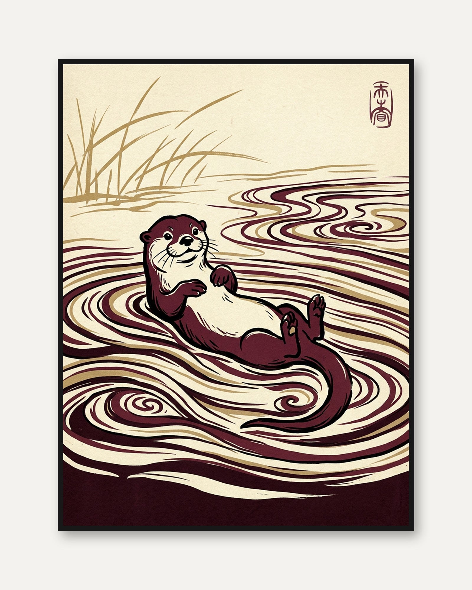 River Otter Art Print: Japanese Style Brown and Cream Waves - framed