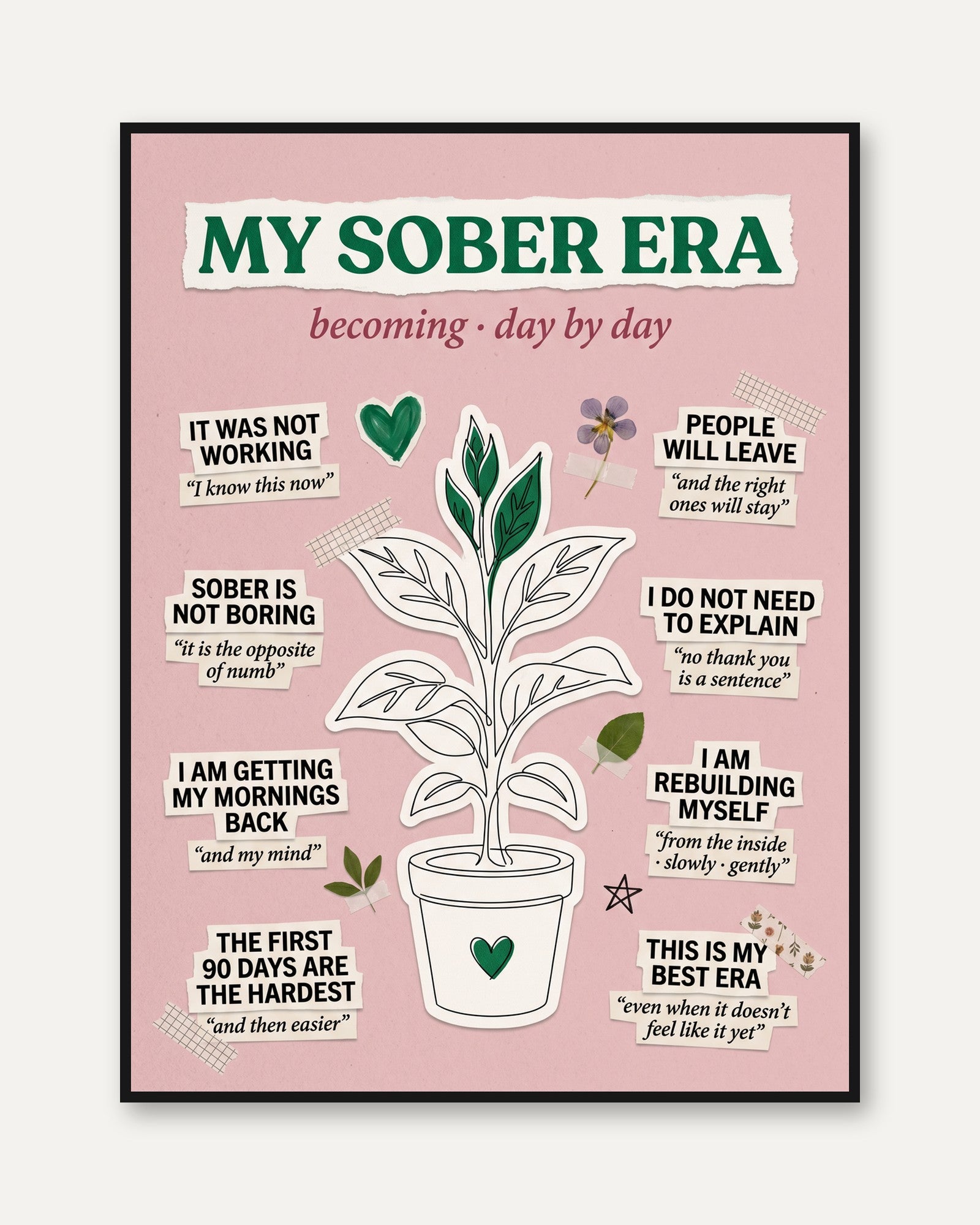 Sobriety Affirmation Print: Pink Recovery Art with Motivational Quotes - framed