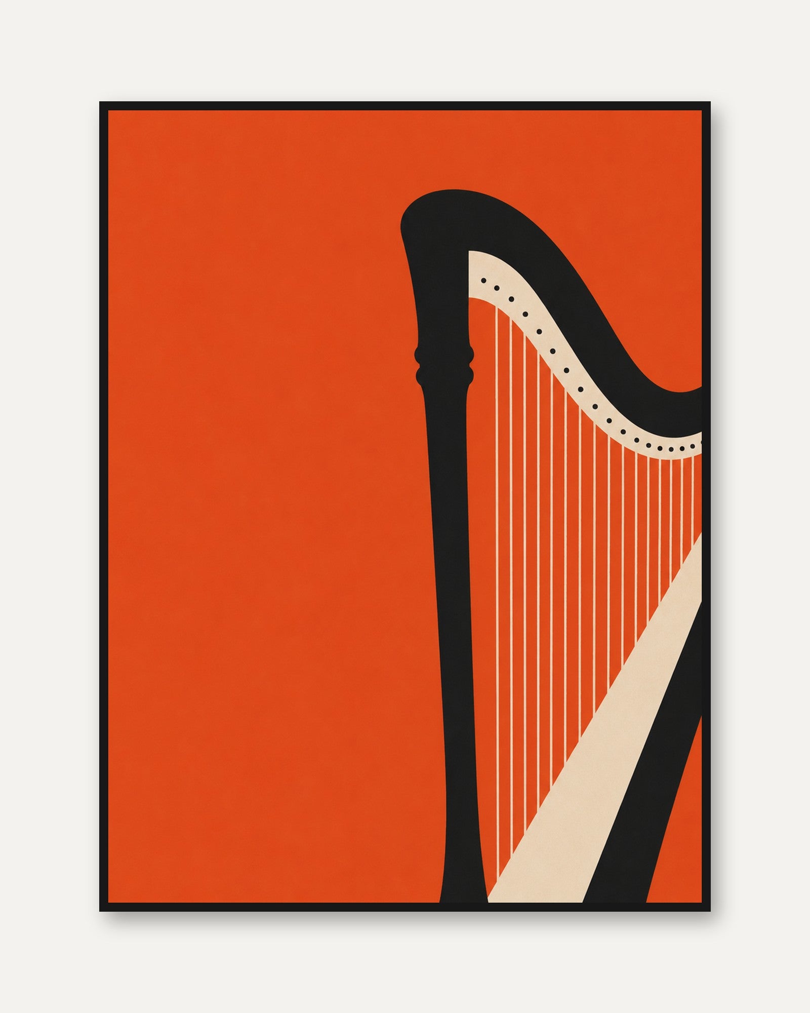 Harp Art Print: Minimalist Music Poster in Orange and Black - framed