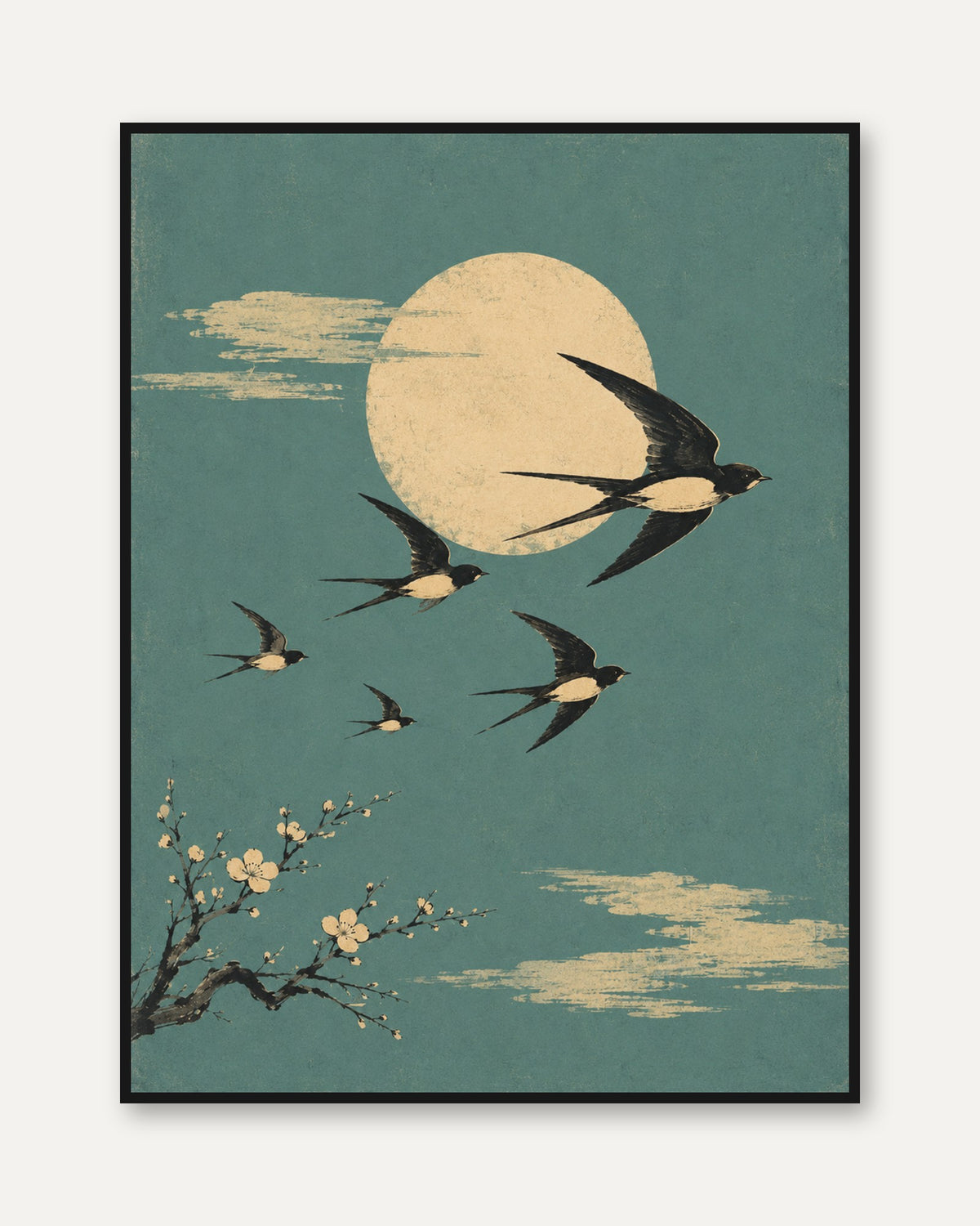 Swallows Art Print: Japanese Vintage Style - framed